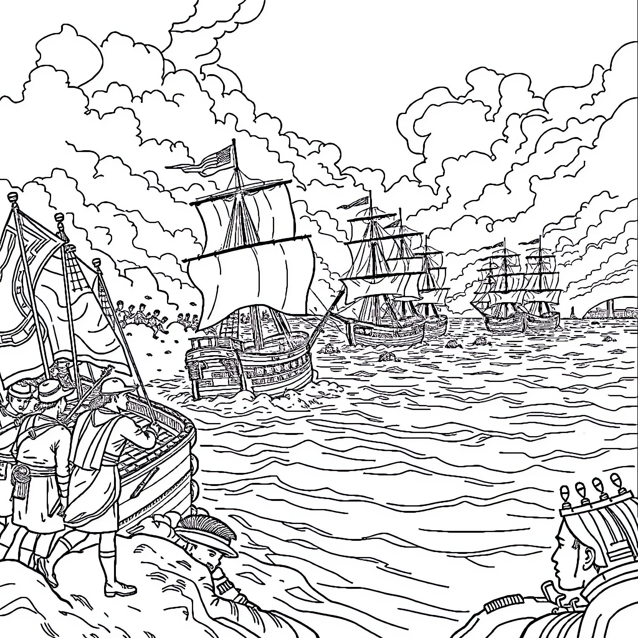 Opium War: Naval Battle with Warships and Soldiers Coloring Page (free black-and-white line drawing printable PDF for all, from beginners to advanced learners, including children, teens, adults, and seniors)