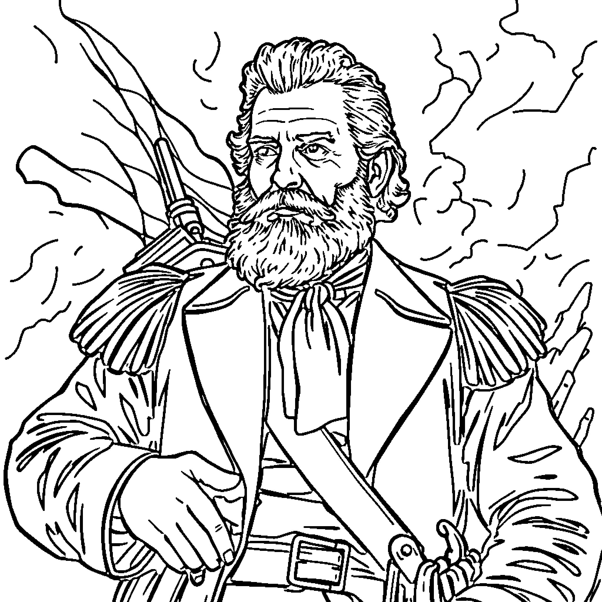 Nathan Bedford Forrest in action with weapons and attire Coloring Page (free black-and-white line drawing printable PDF for all, from beginners to advanced learners, including children, teens, adults, and seniors)