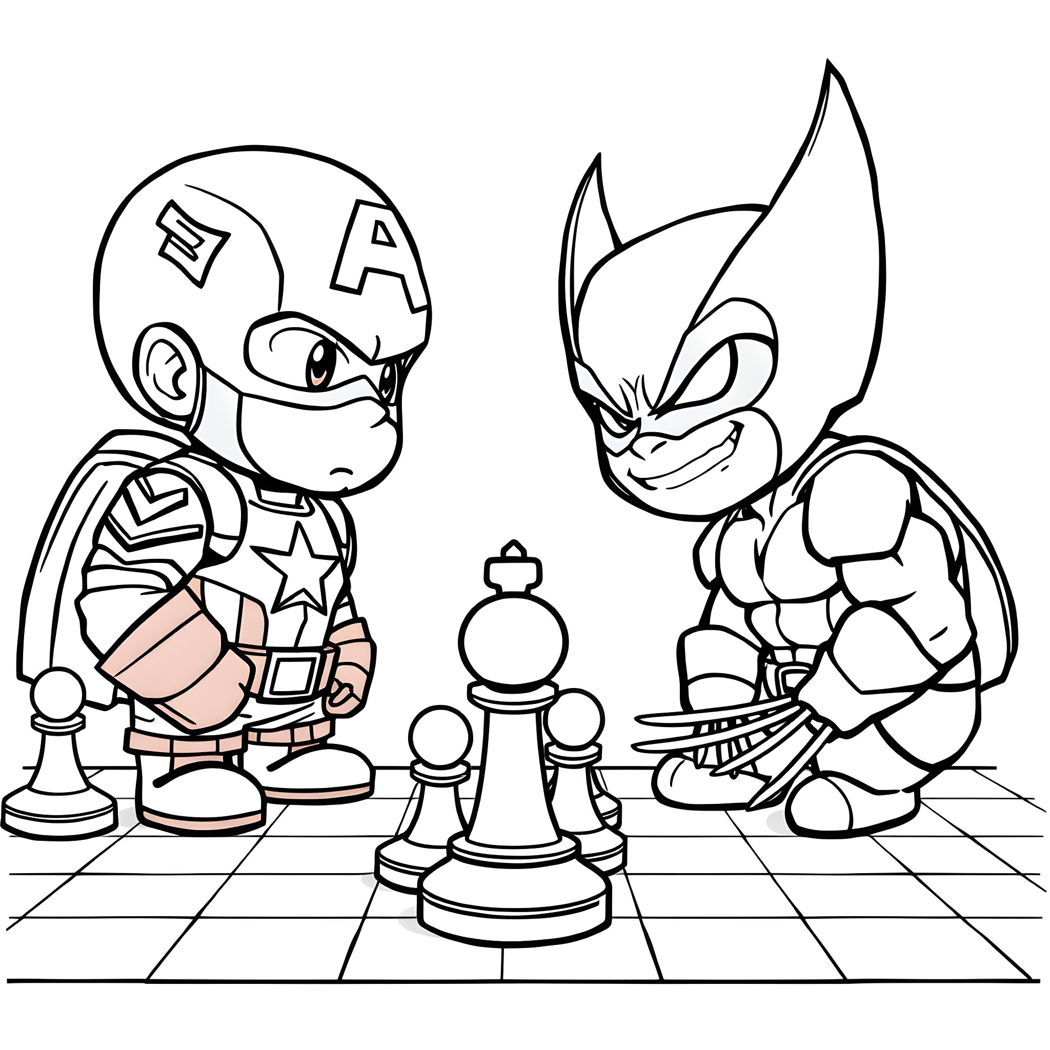 Chibi Heroes Playing Chess Match Coloring Page (free black-and-white line drawing printable PDF for all, from beginners to advanced learners, including children, teens, adults, and seniors)