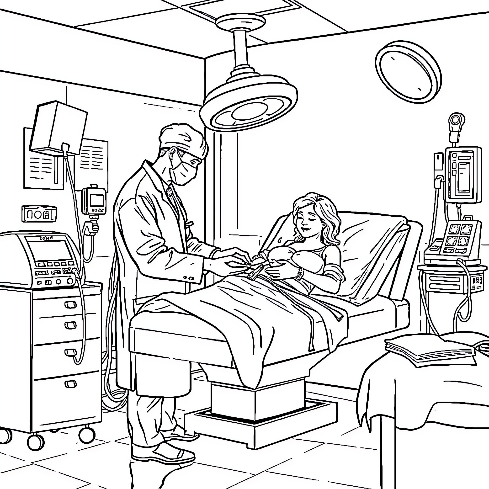 Anesthesiologist Administering Care to Patient in Hospital Room Coloring Page (free black-and-white line drawing printable PDF for all, from beginners to advanced learners, including children, teens, adults, and seniors)