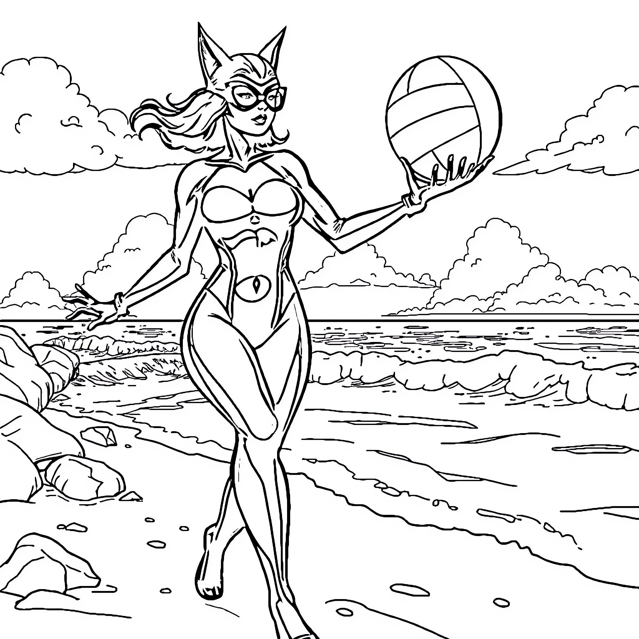 Cat Woman on the Beach with a Volleyball Coloring Page (free black-and-white line drawing printable PDF for all, from beginners to advanced learners, including children, teens, adults, and seniors)