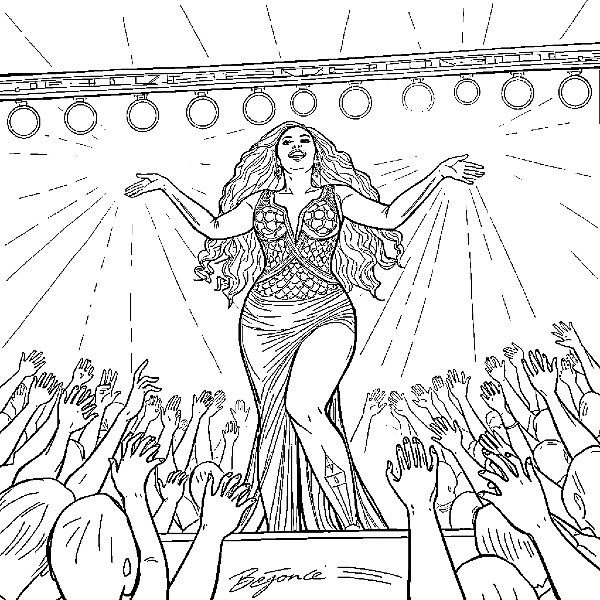 Beyonce performing with an energetic crowd Coloring Page (free black-and-white line drawing printable PDF for all, from beginners to advanced learners, including children, teens, adults, and seniors)