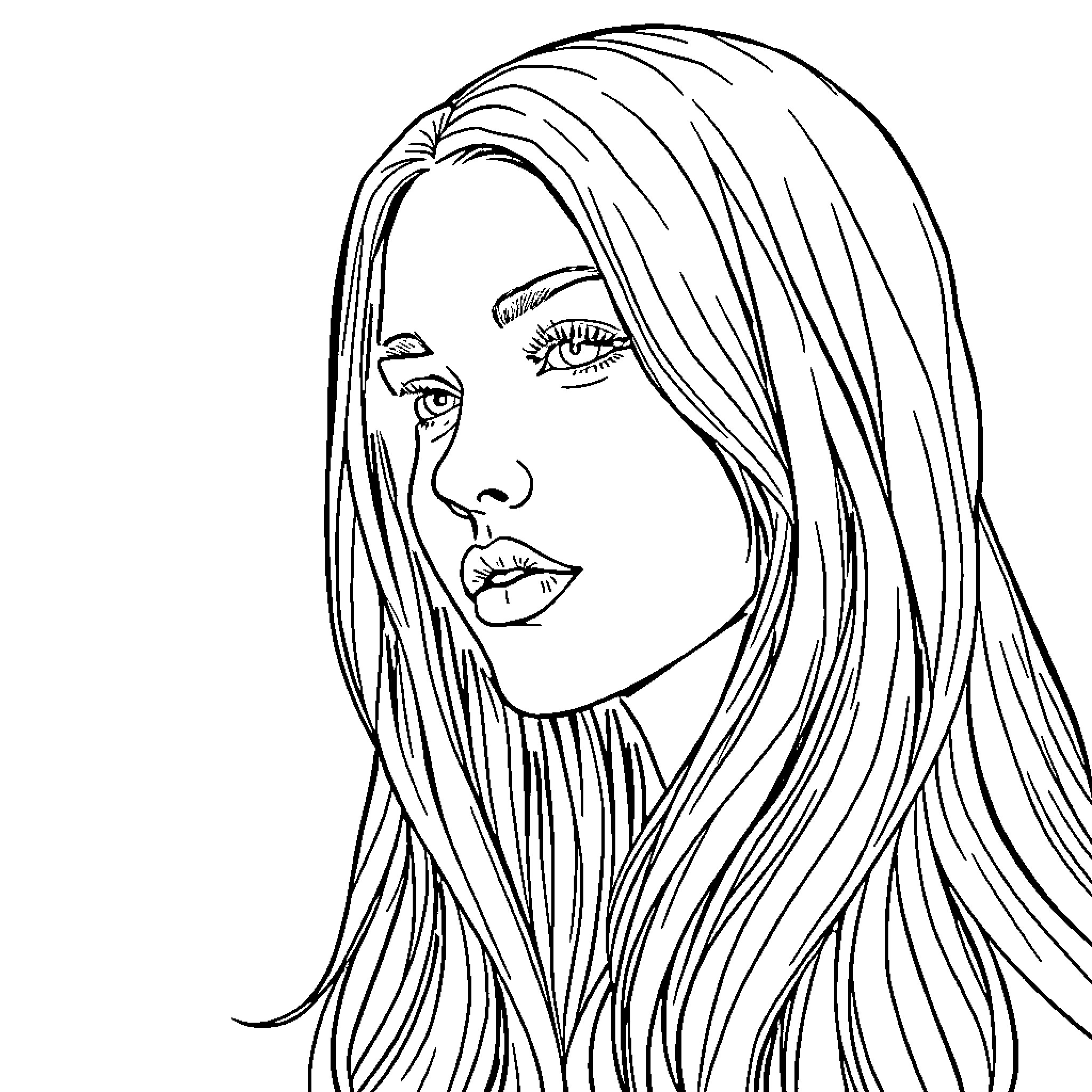 Female with long flowing hair and thoughtful expression Coloring Page (free black-and-white line drawing printable PDF for all, from beginners to advanced learners, including children, teens, adults, and seniors)