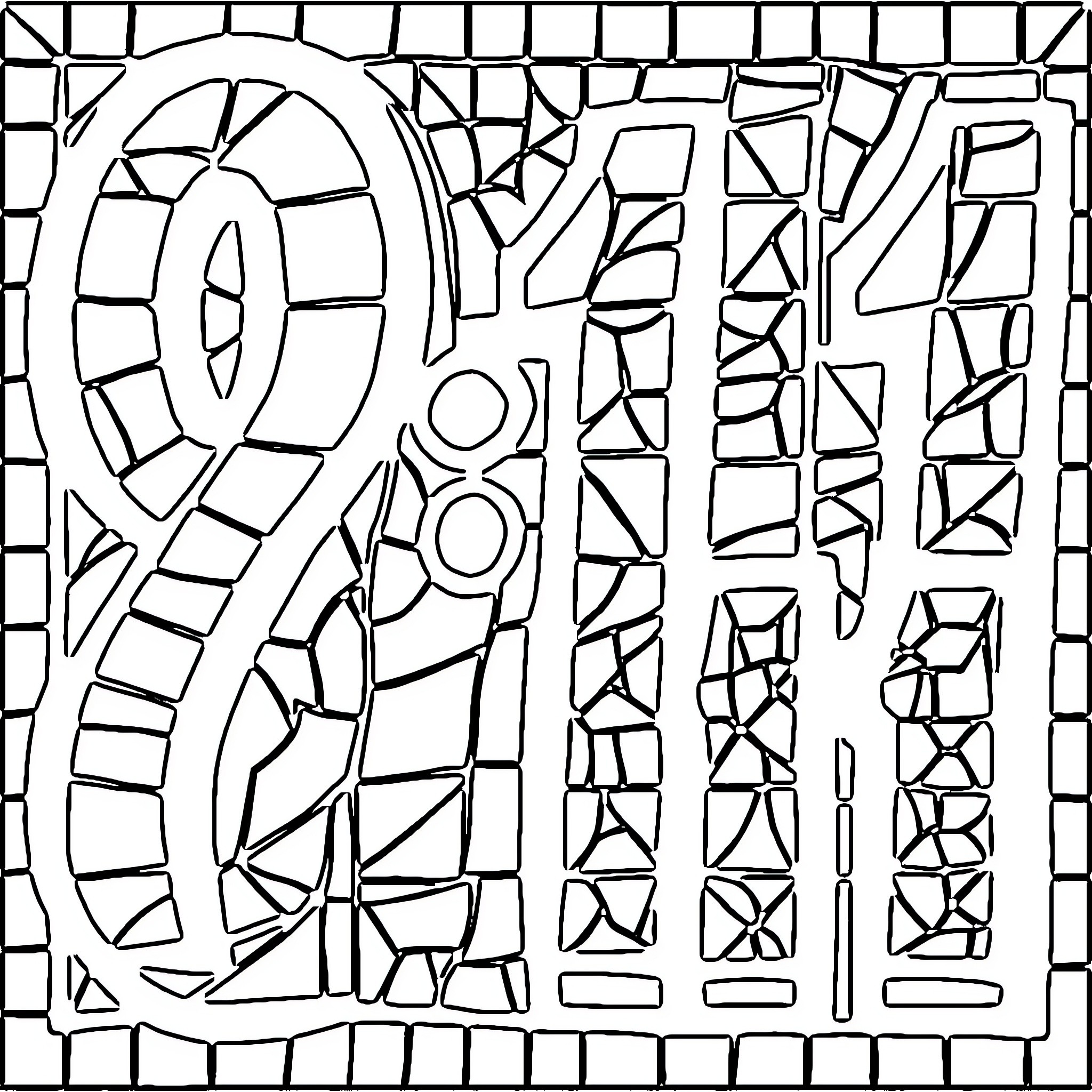 Mosaic of Abstract Geometric Shapes Coloring Page (free black-and-white line drawing printable PDF for all, from beginners to advanced learners, including children, teens, adults, and seniors)