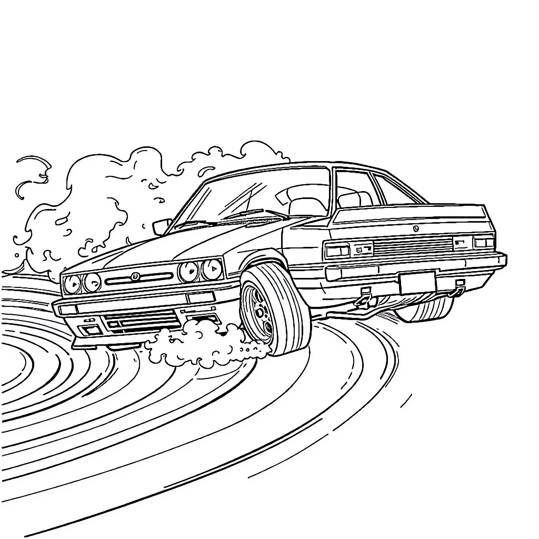 Car drifting on racetrack with smoke Coloring Page (free black-and-white line drawing printable PDF for all, from beginners to advanced learners, including children, teens, adults, and seniors)