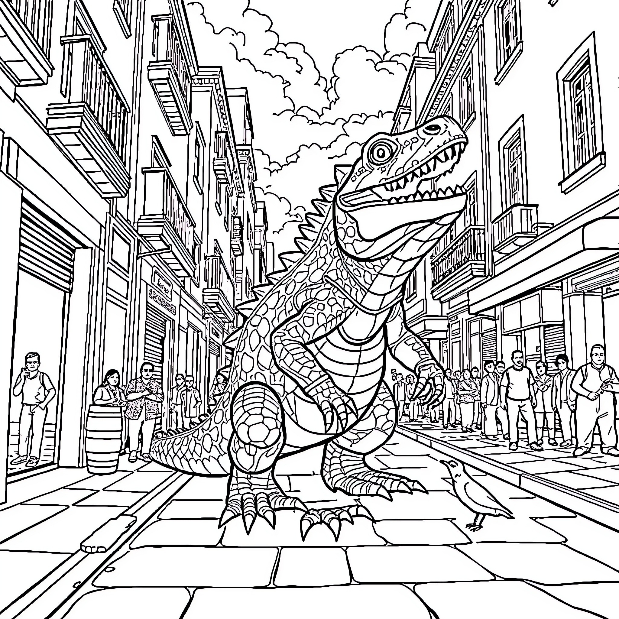 Crocodile Causing Commotion in City Street Coloring Page (free black-and-white line drawing printable PDF for all, from beginners to advanced learners, including children, teens, adults, and seniors)