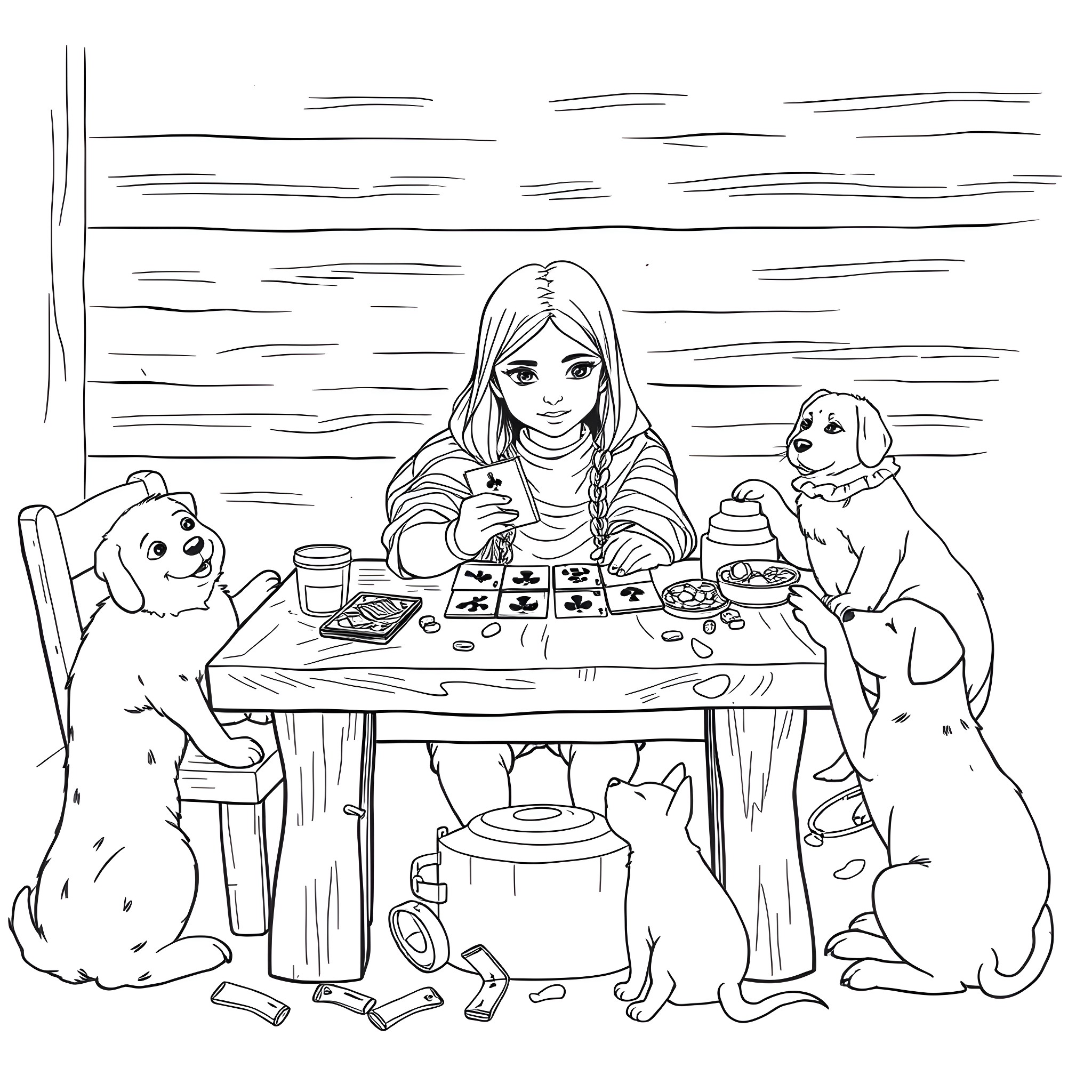 Amiyah playing with her dogs at the kitchen table Coloring Page (free black-and-white line drawing printable PDF for all, from beginners to advanced learners, including children, teens, adults, and seniors)
