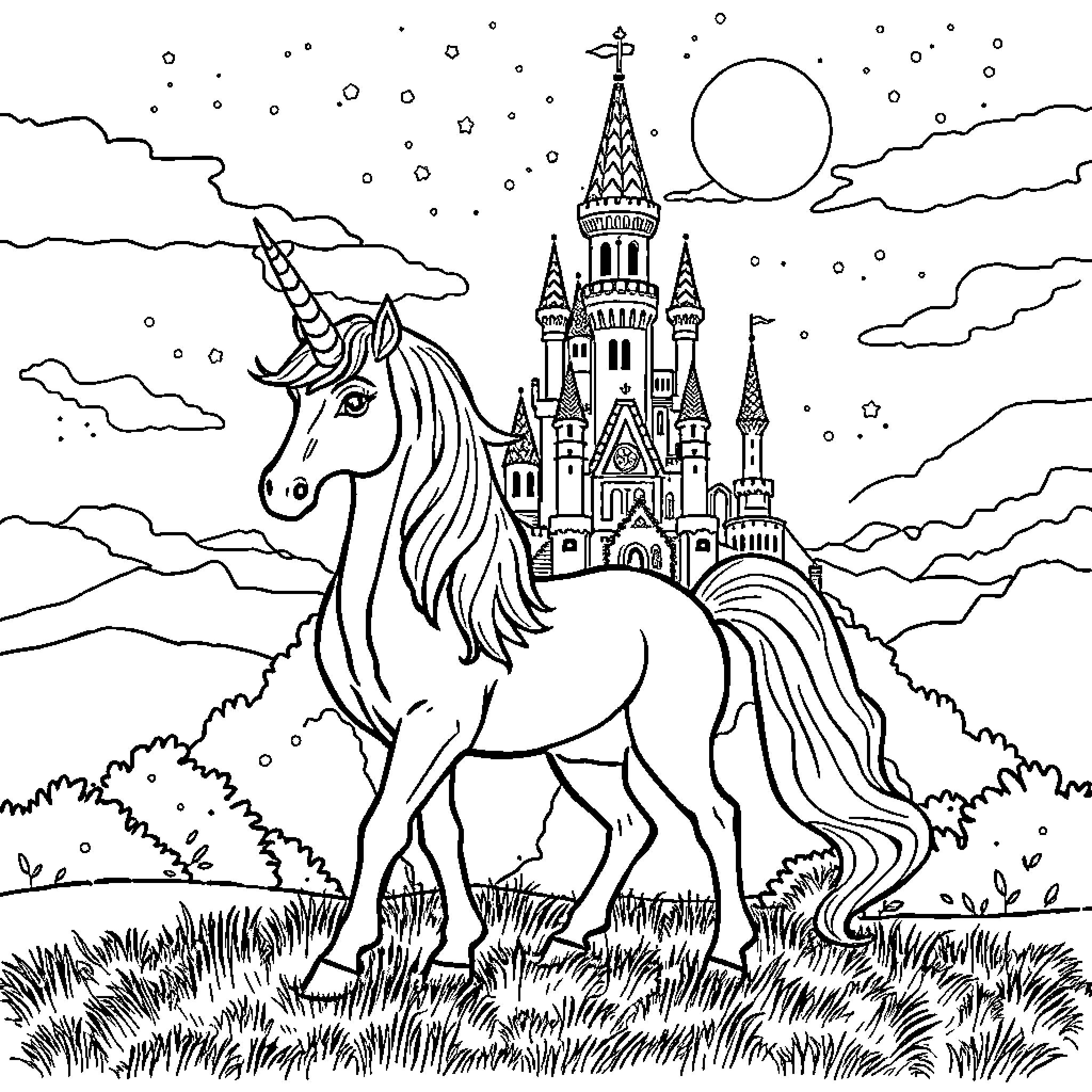 Unicorn standing majestically before a magical castle Coloring Page (free black-and-white line drawing printable PDF for all, from beginners to advanced learners, including children, teens, adults, and seniors)