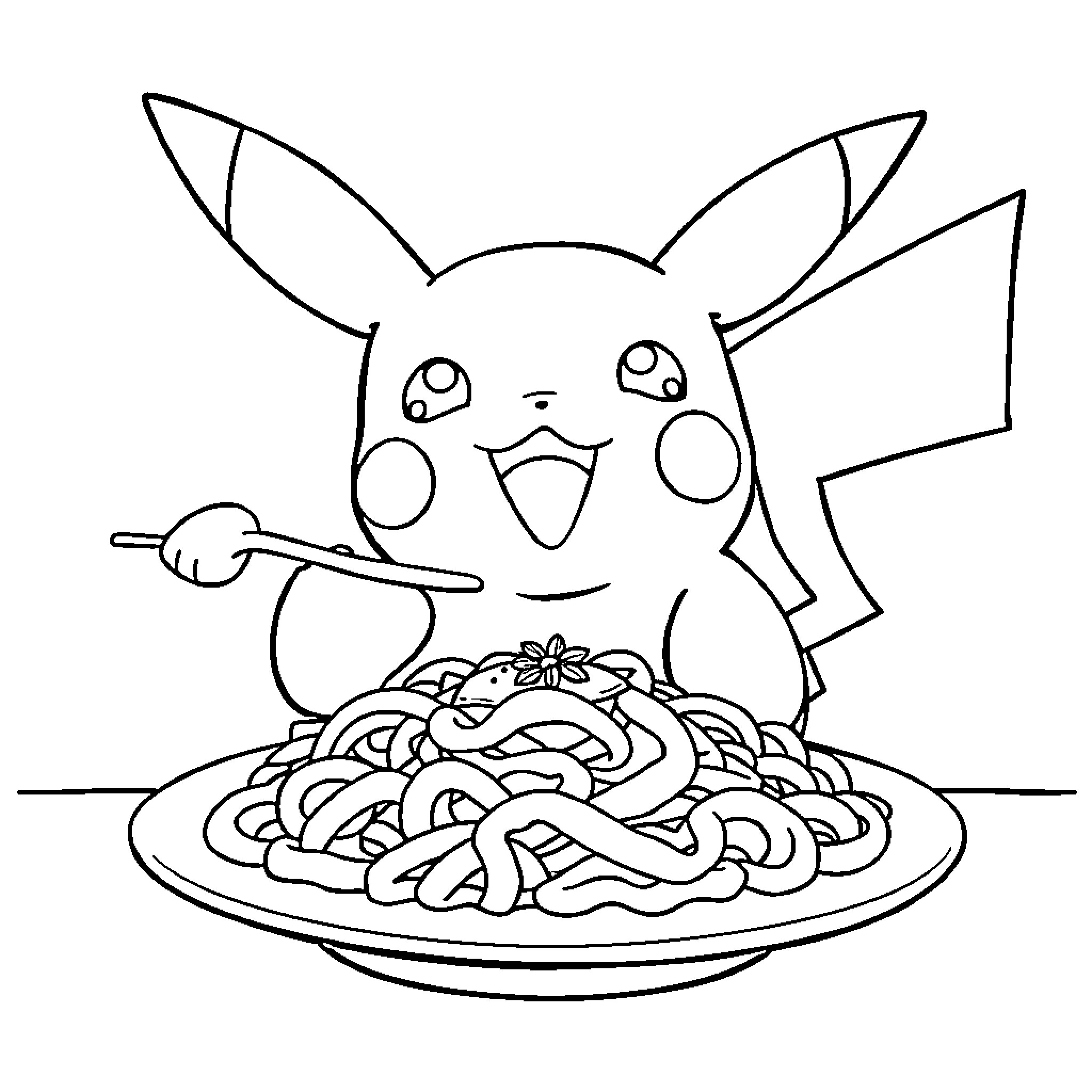 Pikachu enjoying a plate of noodles Coloring Page (free black-and-white line drawing printable PDF for all, from beginners to advanced learners, including children, teens, adults, and seniors)