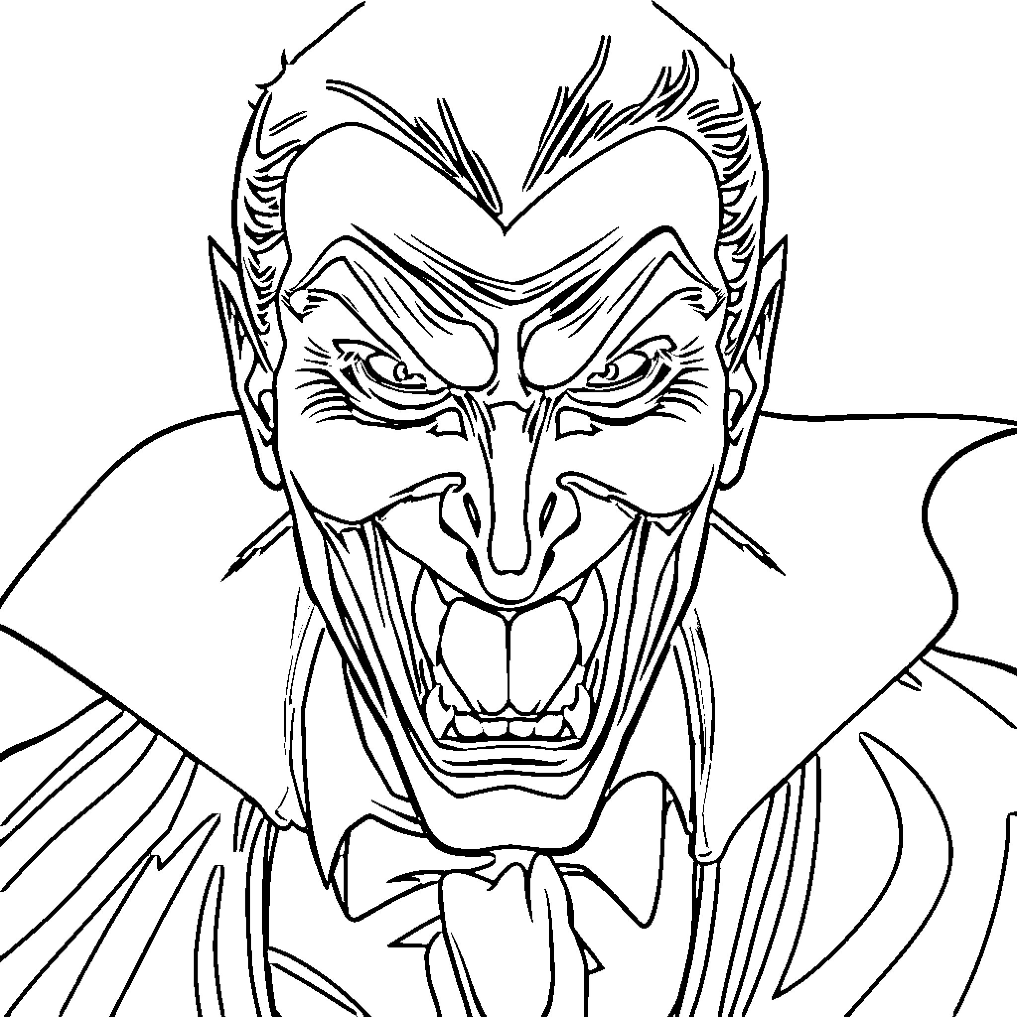 Dracula's Frightening Visage Coloring Page (free black-and-white line drawing printable PDF for all, from beginners to advanced learners, including children, teens, adults, and seniors)