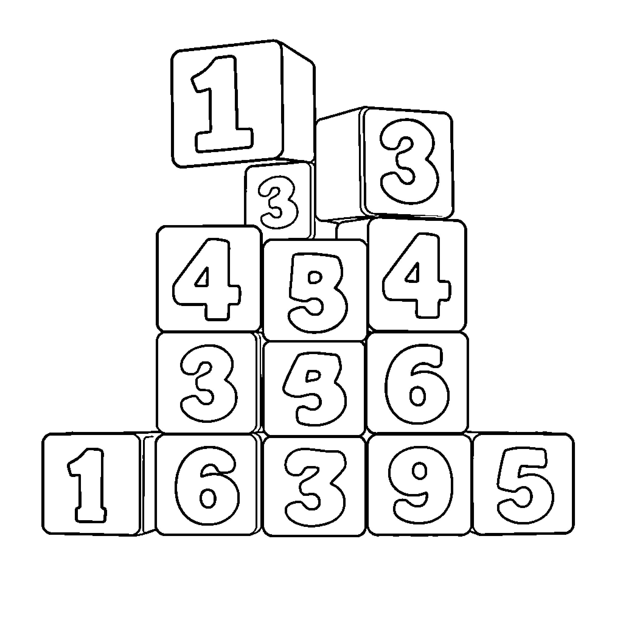 Number Blocks in Stacked Formation Coloring Page (free black-and-white line drawing printable PDF for all, from beginners to advanced learners, including children, teens, adults, and seniors)