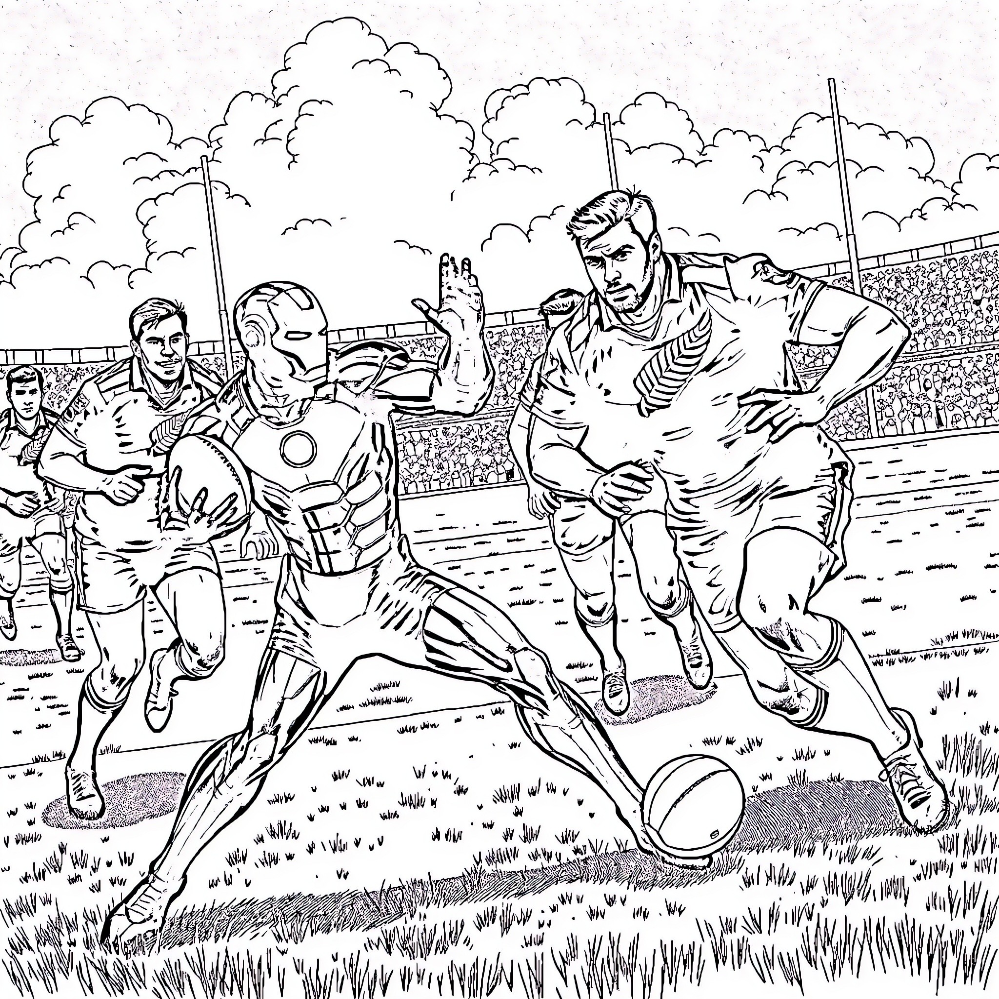 Iron Man playing football with fellow superheroes Coloring Page (free black-and-white line drawing printable PDF for all, from beginners to advanced learners, including children, teens, adults, and seniors)