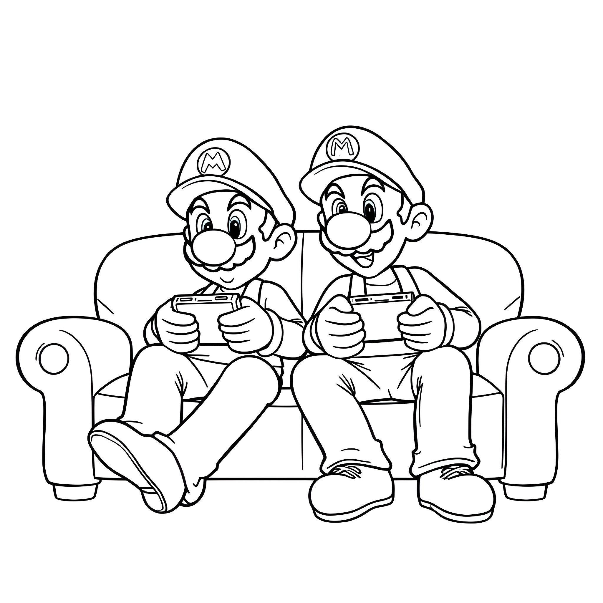Mario Brothers playing video games on couch Coloring Page (free black-and-white line drawing printable PDF for all, from beginners to advanced learners, including children, teens, adults, and seniors)