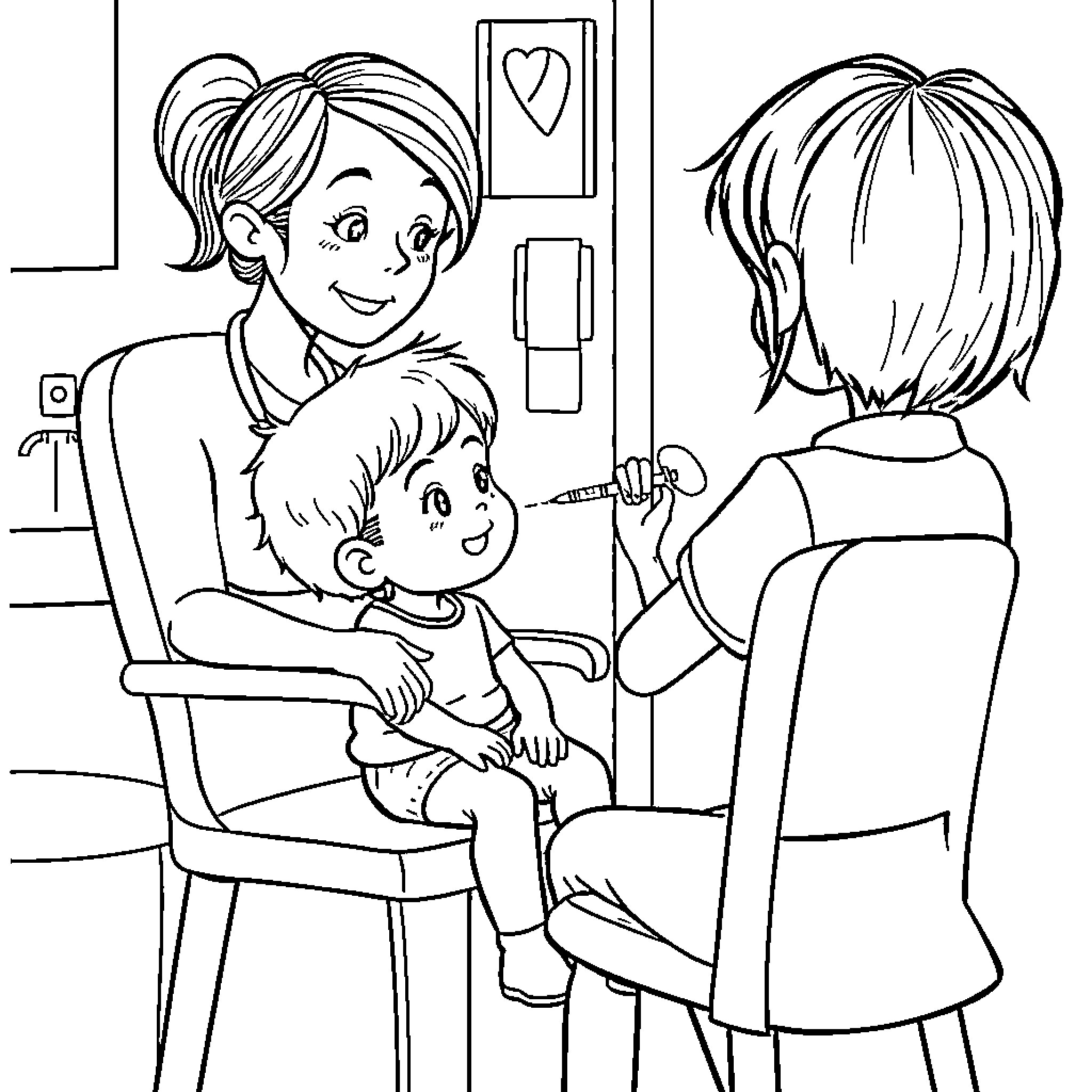 Kid receiving medical attention in doctor's office Coloring Page (free black-and-white line drawing printable PDF for all, from beginners to advanced learners, including children, teens, adults, and seniors)