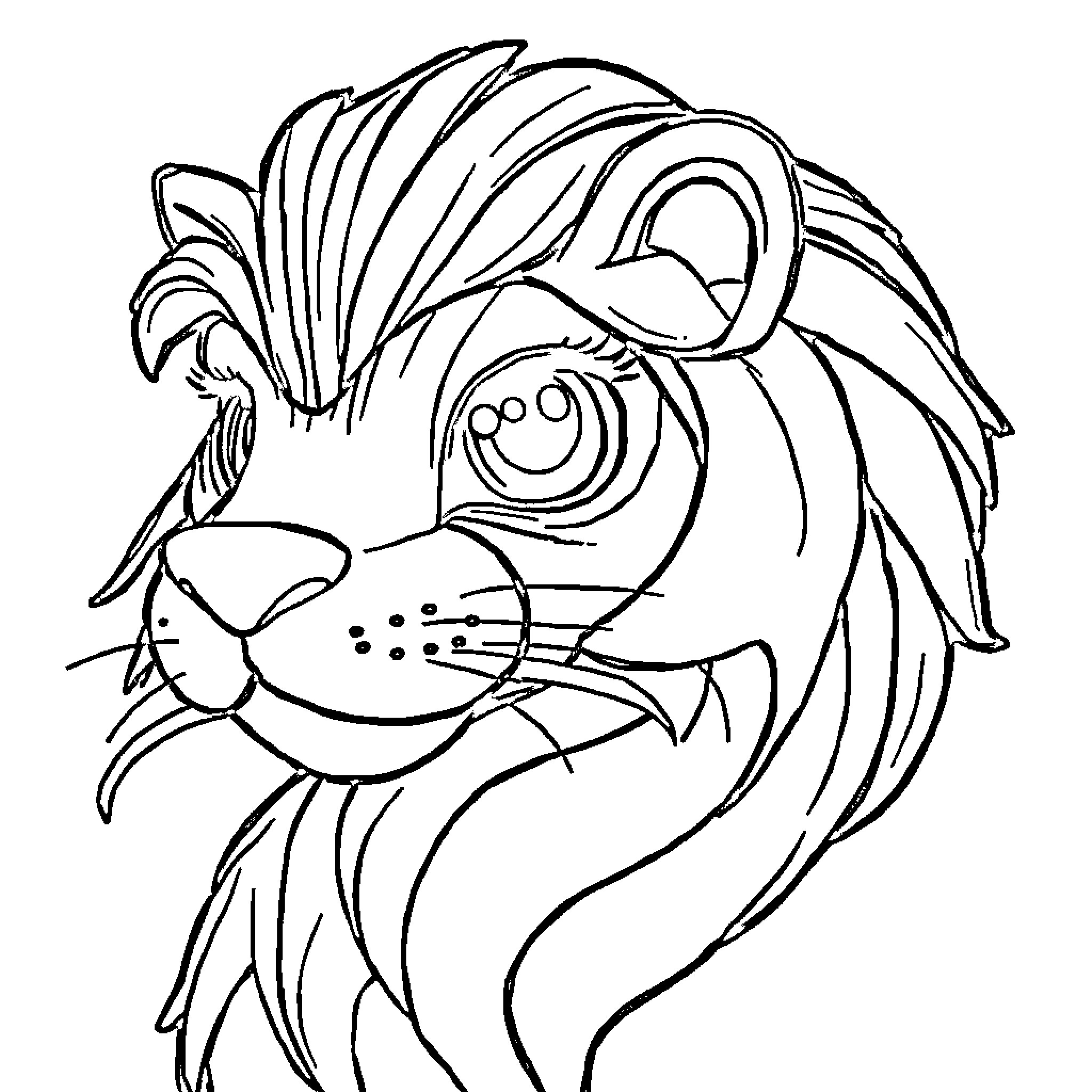 Pacifier Lion Face with Expressive Features Coloring Page (free black-and-white line drawing printable PDF for all, from beginners to advanced learners, including children, teens, adults, and seniors)