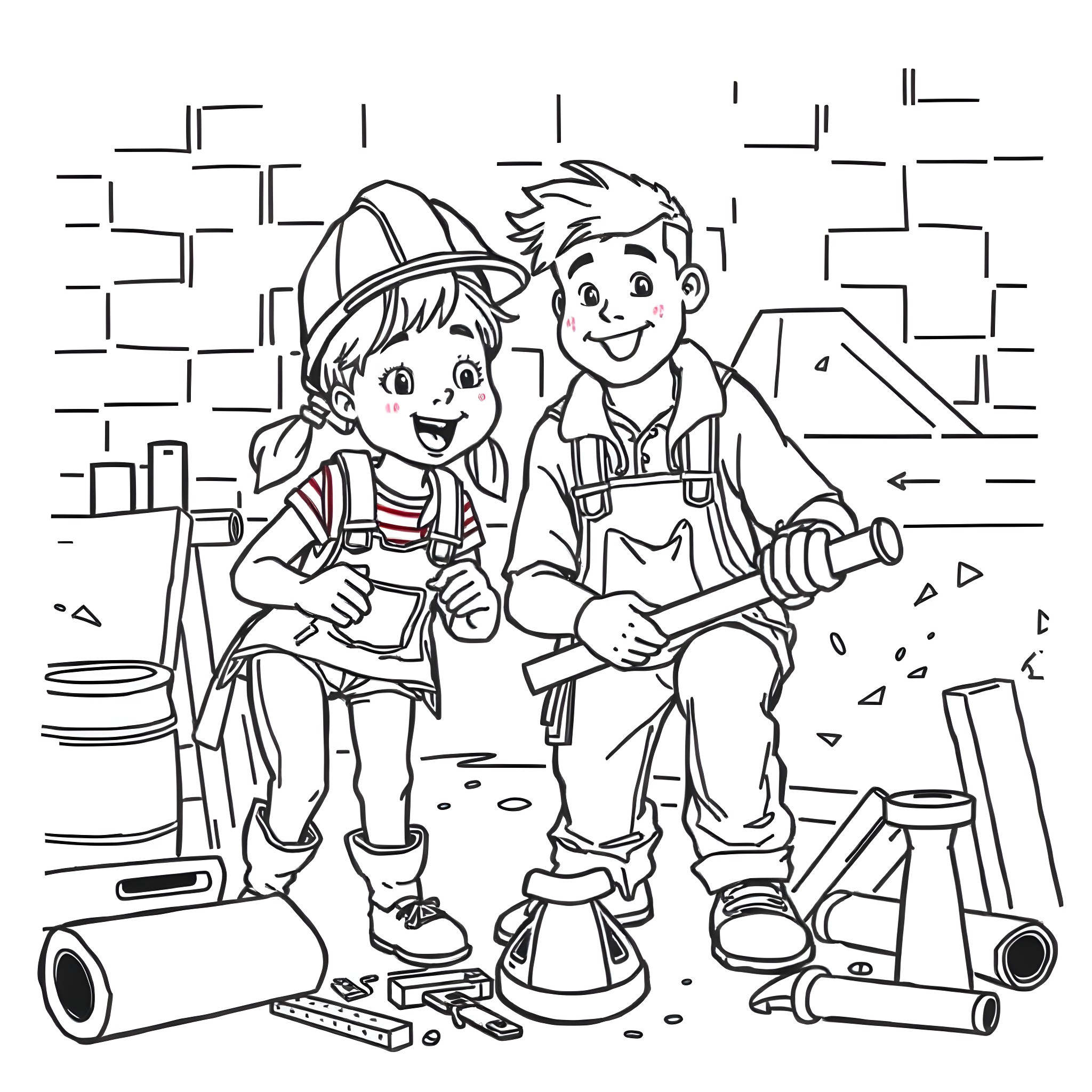 Couple of construction workers on a job site Coloring Page (free black-and-white line drawing printable PDF for all, from beginners to advanced learners, including children, teens, adults, and seniors)
