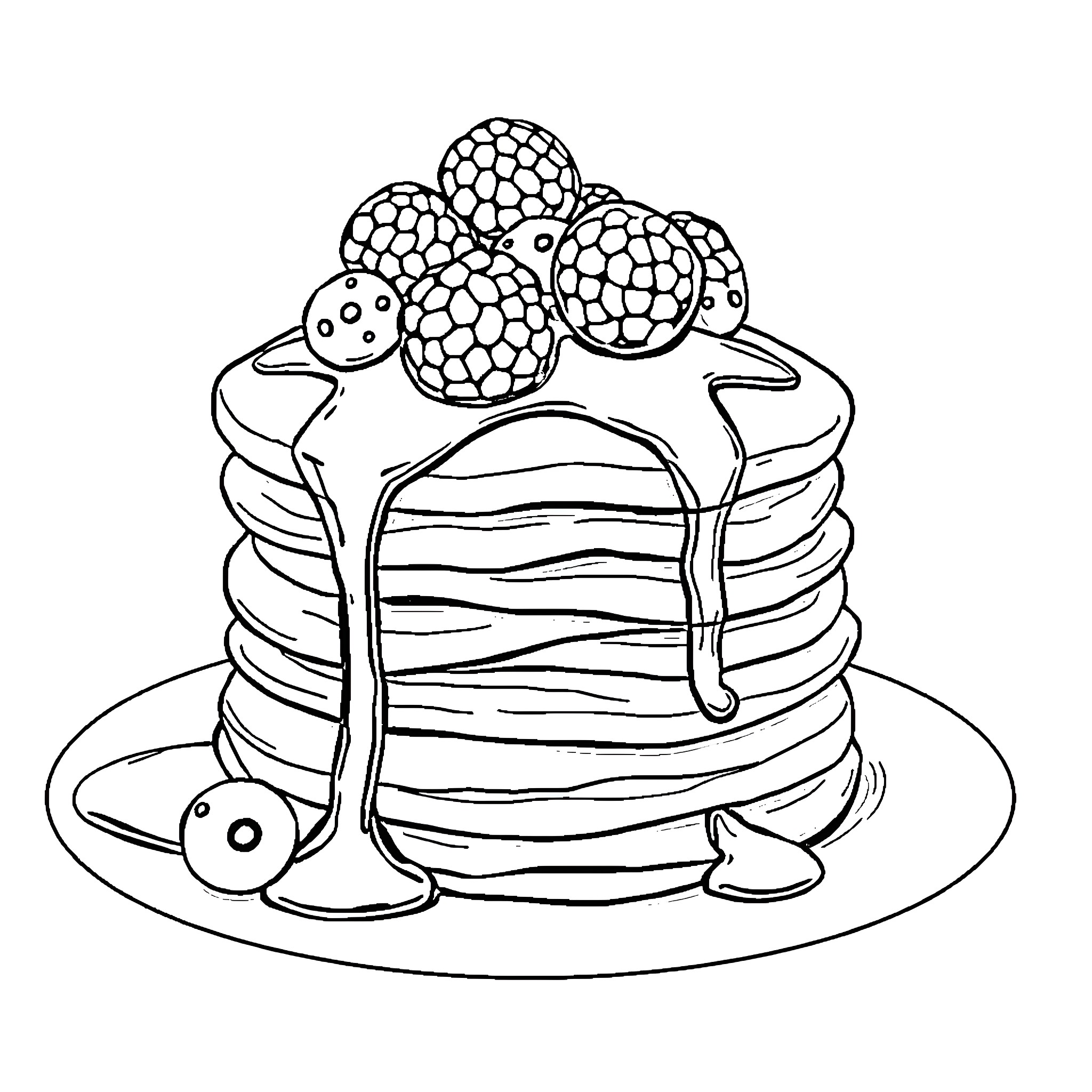 Pancake Topped with Delightful Berries Coloring Page (free black-and-white line drawing printable PDF for all, from beginners to advanced learners, including children, teens, adults, and seniors)