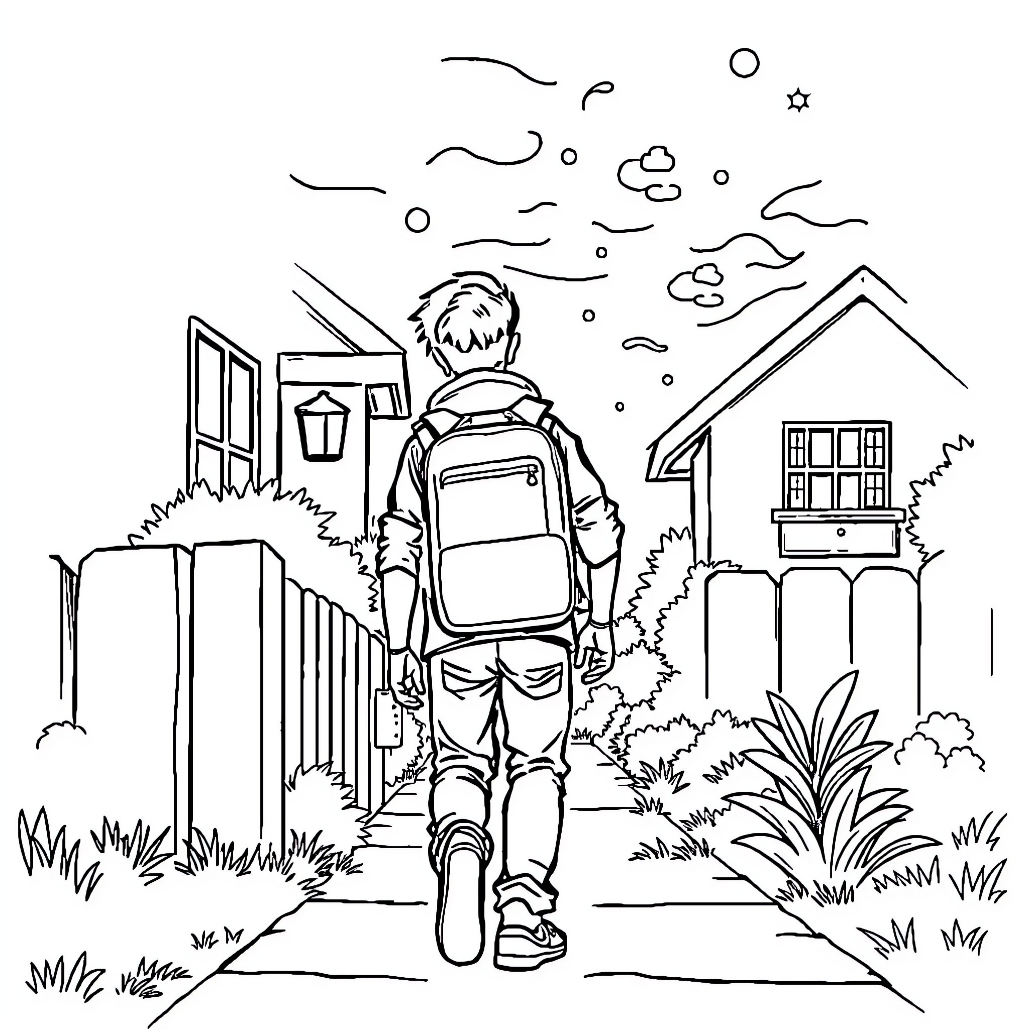 Joven caminando por la naturaleza hacia el hogar Coloring Page (free black-and-white line drawing printable PDF for all, from beginners to advanced learners, including children, teens, adults, and seniors)