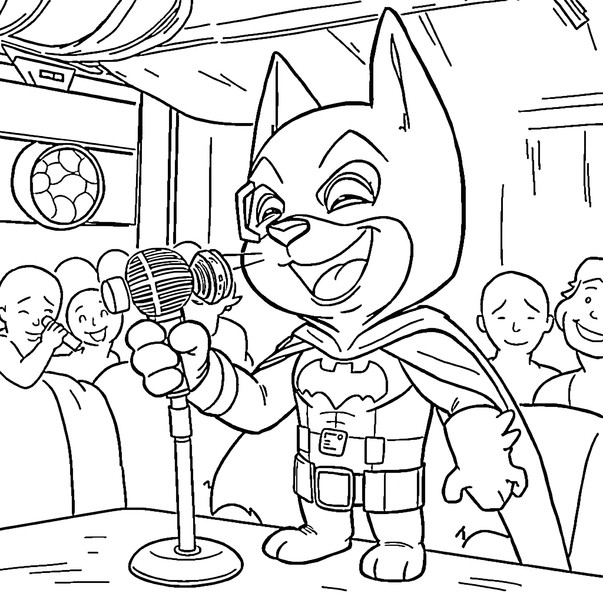Bluey performing at a talent show with friends Coloring Page (free black-and-white line drawing printable PDF for all, from beginners to advanced learners, including children, teens, adults, and seniors)