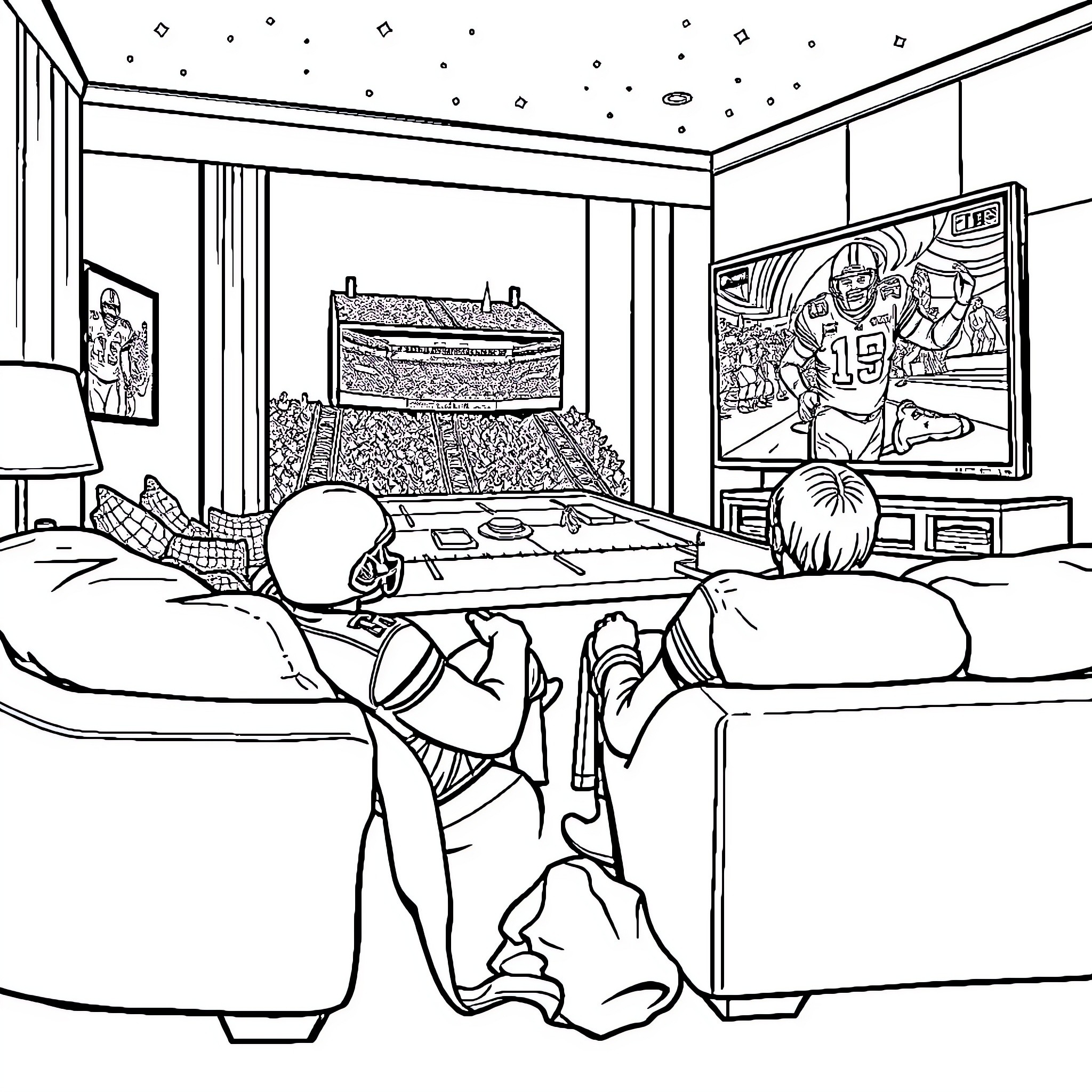 NFL Fans Watching Game in Living Room Coloring Page (free black-and-white line drawing printable PDF for all, from beginners to advanced learners, including children, teens, adults, and seniors)