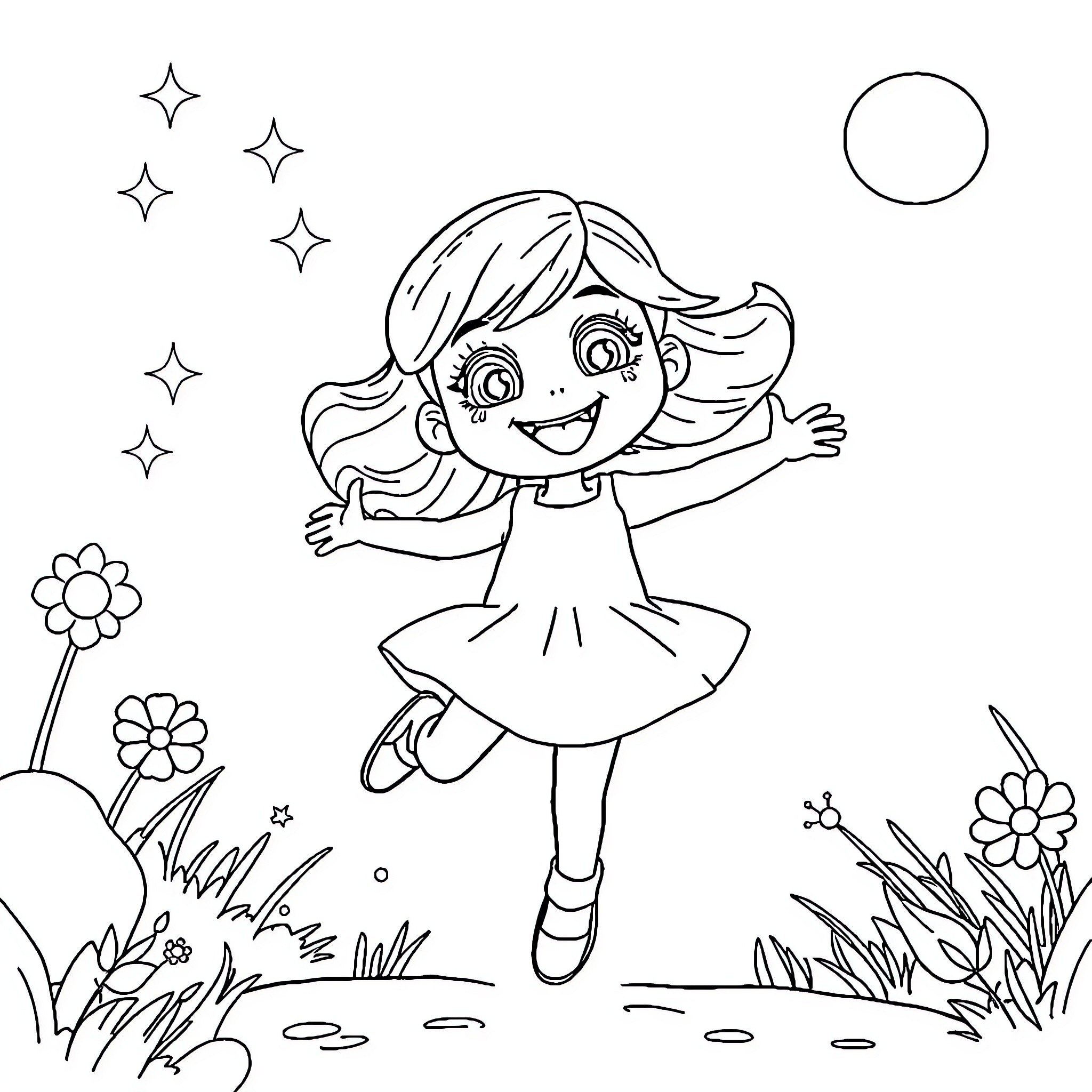 Girl dancing joyfully in a meadow Coloring Page (free black-and-white line drawing printable PDF for all, from beginners to advanced learners, including children, teens, adults, and seniors)