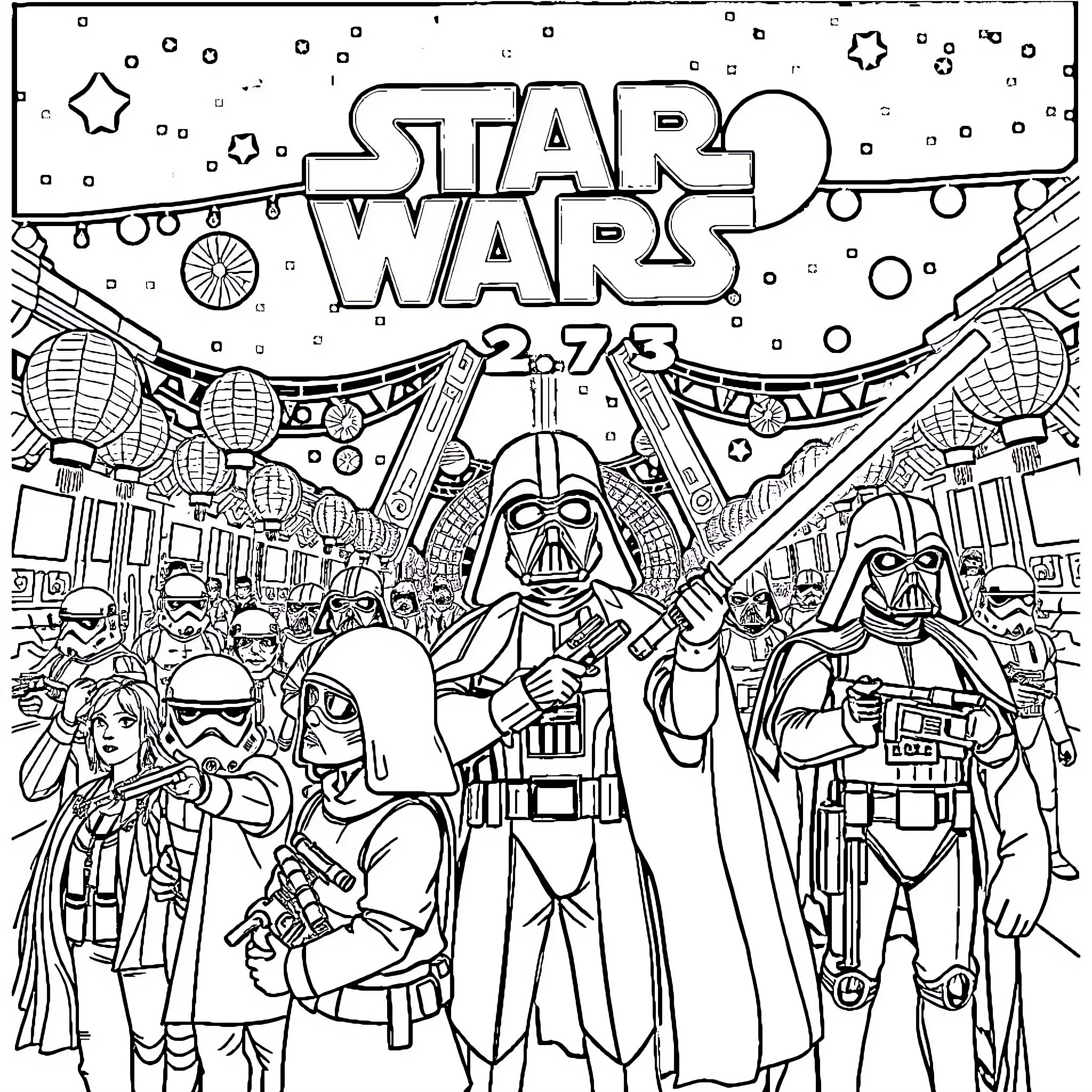 Star Wars Coloring Page with Characters and Scenes Coloring Page (free black-and-white line drawing printable PDF for all, from beginners to advanced learners, including children, teens, adults, and seniors)