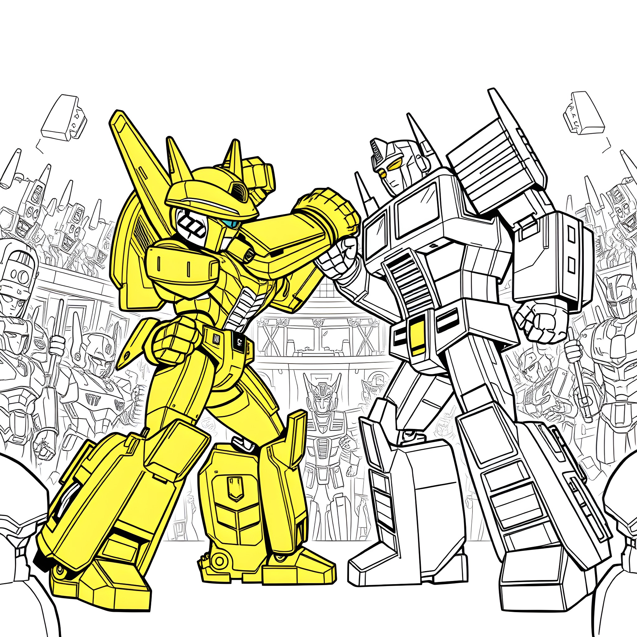 Bumblebee transforming and fighting with a giant robot Coloring Page (free black-and-white line drawing printable PDF for all, from beginners to advanced learners, including children, teens, adults, and seniors)