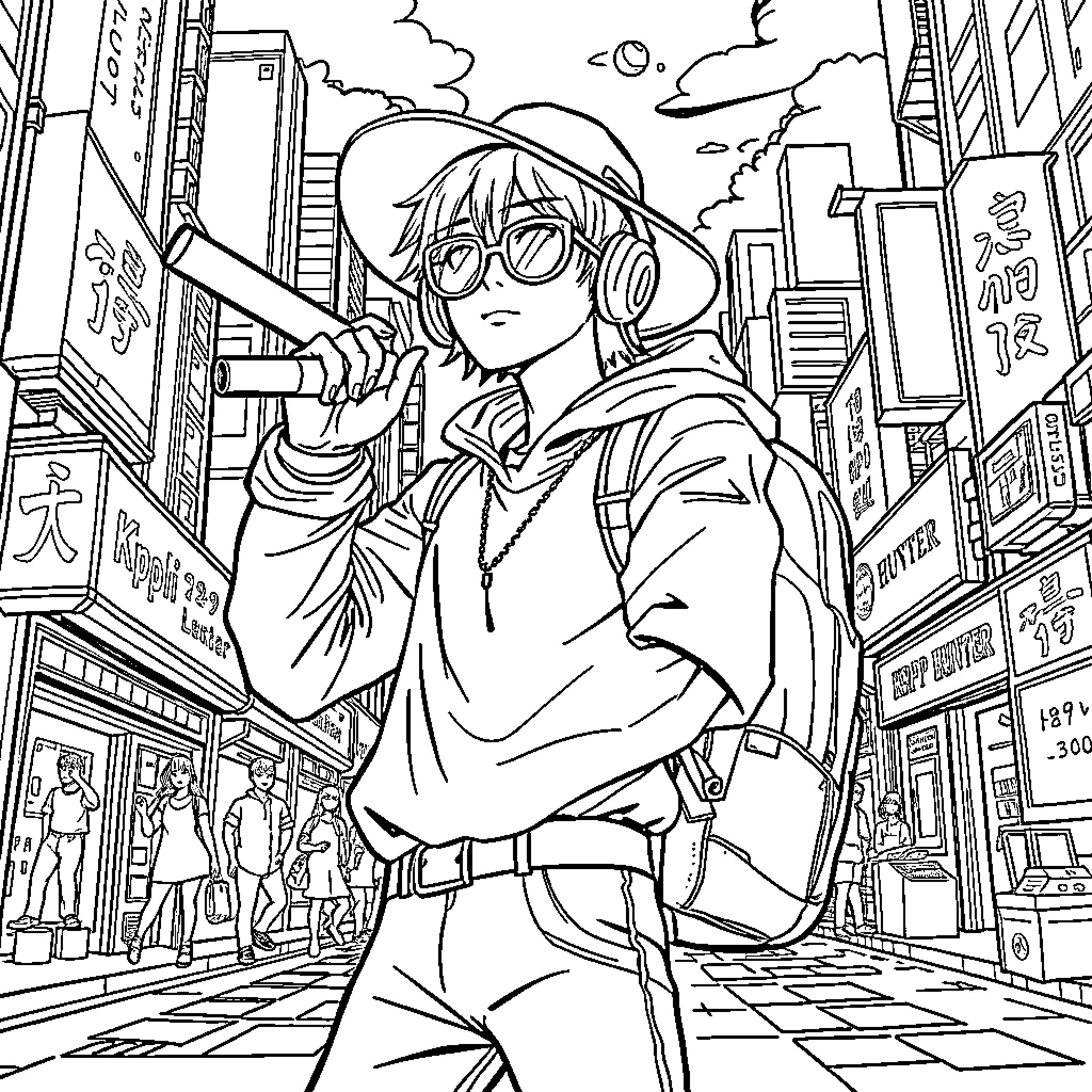 Kpop Hunter in the City Streets Coloring Page (free black-and-white line drawing printable PDF for all, from beginners to advanced learners, including children, teens, adults, and seniors)