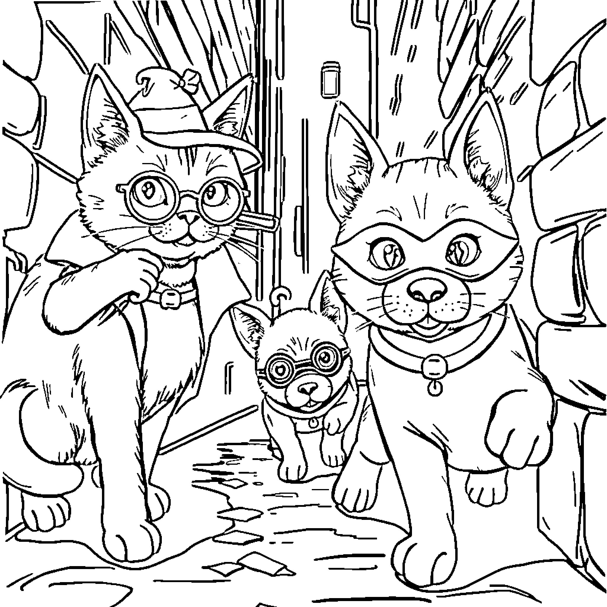 Cat family in a strange, colorful world Coloring Page (free black-and-white line drawing printable PDF for all, from beginners to advanced learners, including children, teens, adults, and seniors)