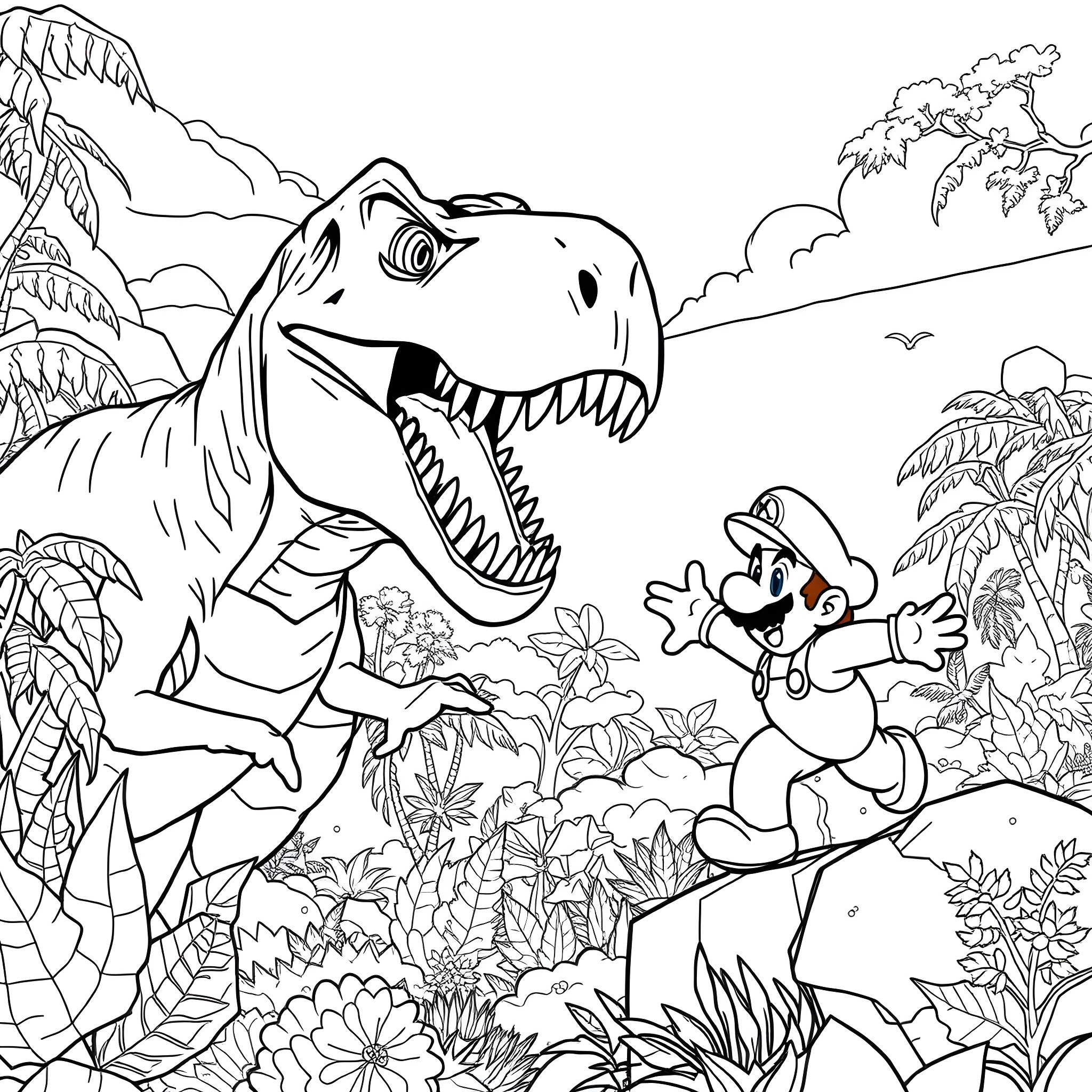 T-Rex chasing a small cartoon character in the jungle Coloring Page (free black-and-white line drawing printable PDF for all, from beginners to advanced learners, including children, teens, adults, and seniors)