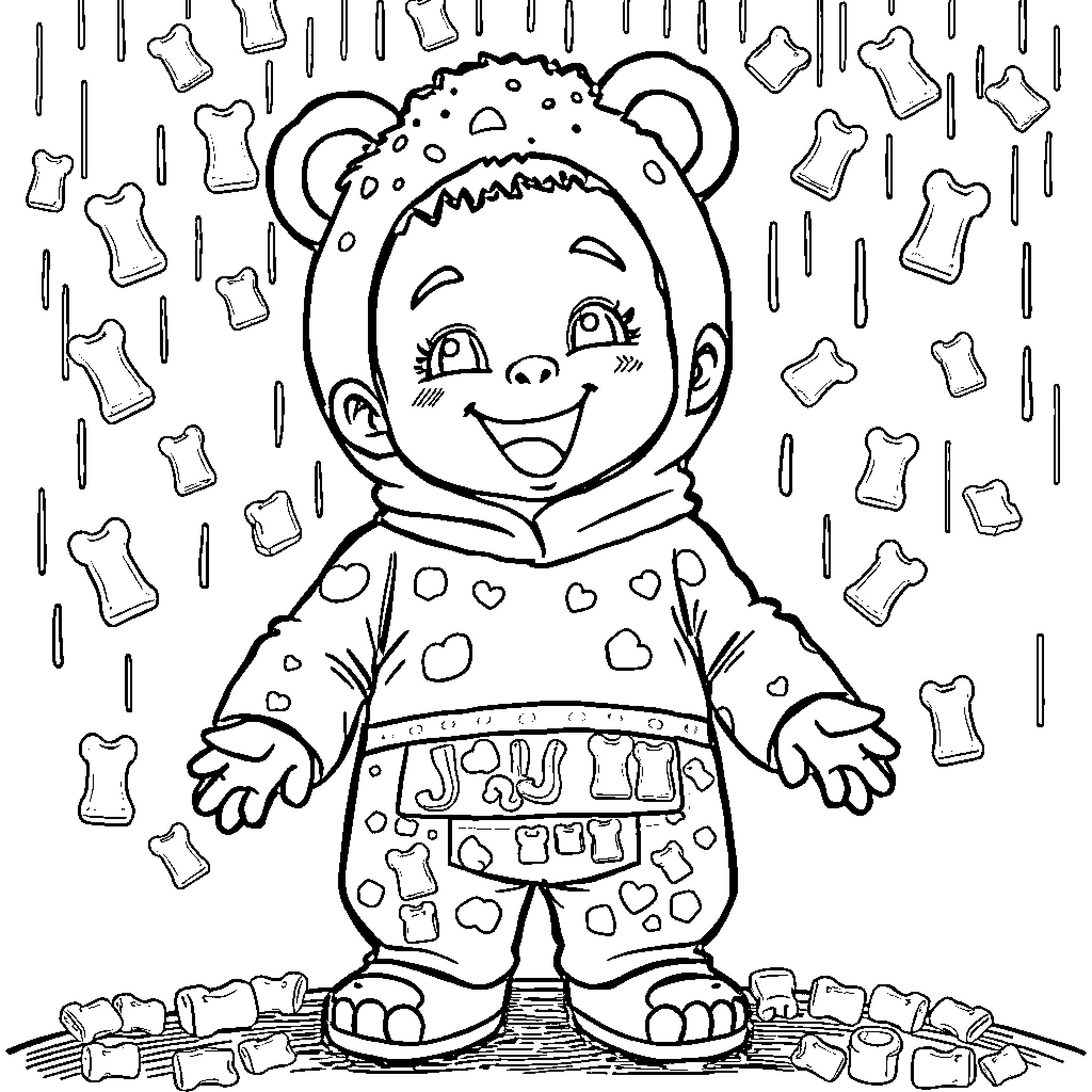 Boy dressed in bear costume playing with toys Coloring Page (free black-and-white line drawing printable PDF for all, from beginners to advanced learners, including children, teens, adults, and seniors)
