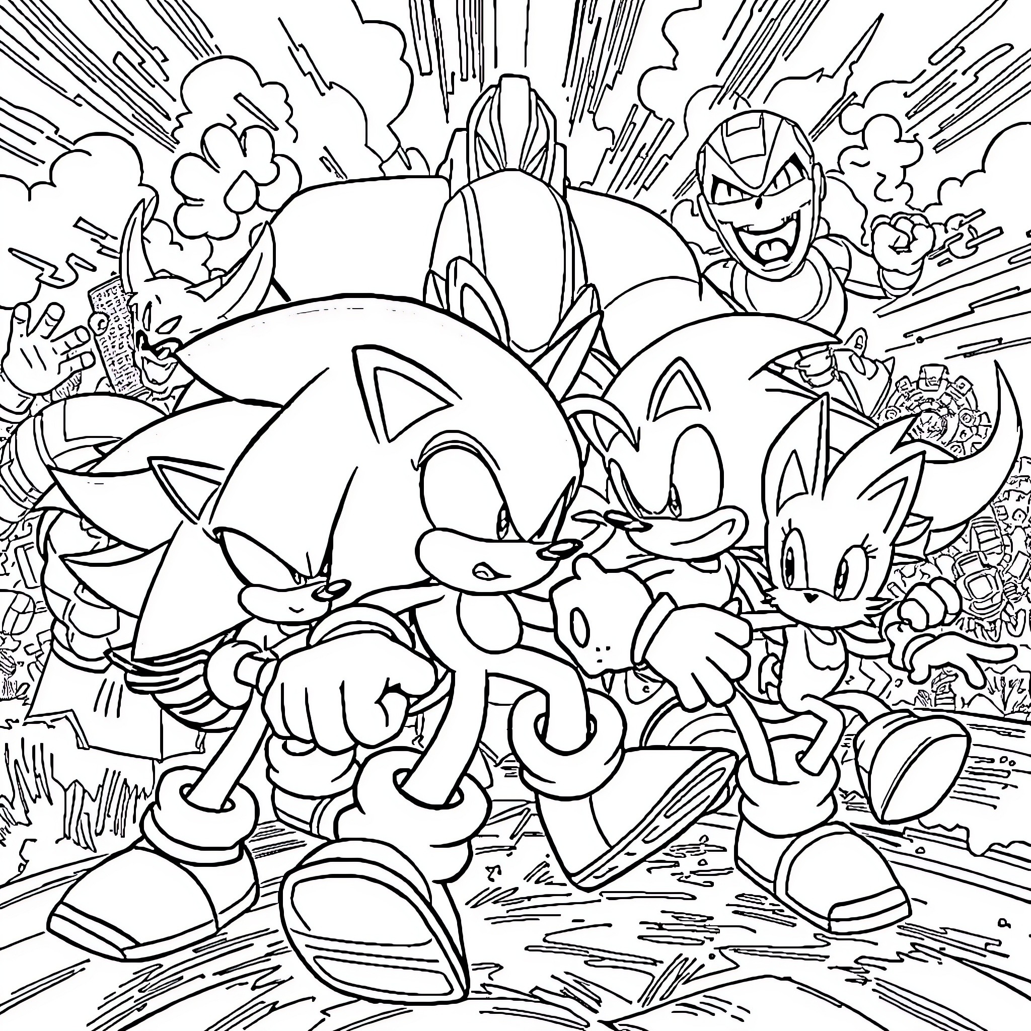 Sonic and friends in an action-packed adventure Coloring Page (free black-and-white line drawing printable PDF for all, from beginners to advanced learners, including children, teens, adults, and seniors)