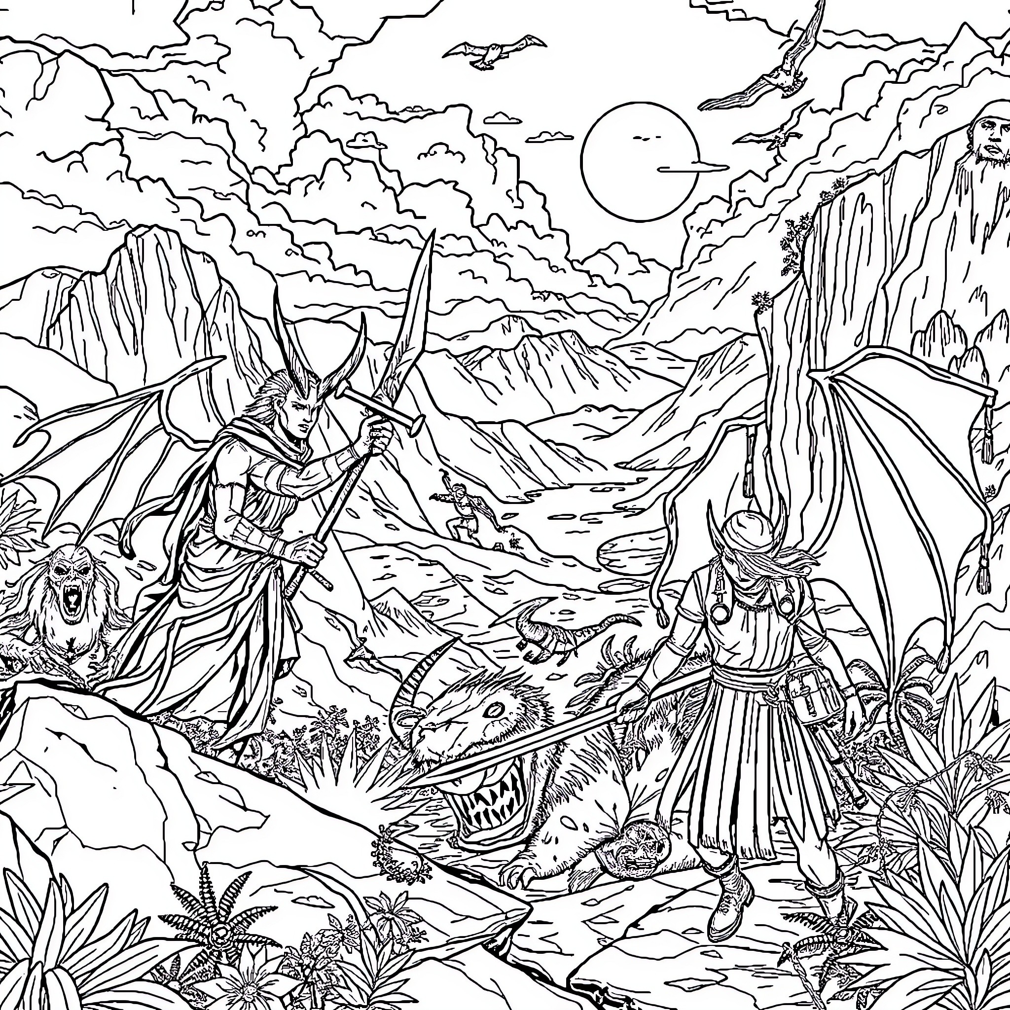 Demon Slayer: Warriors Battling Fierce Creatures in a Fantastical Landscape Coloring Page (free black-and-white line drawing printable PDF for all, from beginners to advanced learners, including children, teens, adults, and seniors)