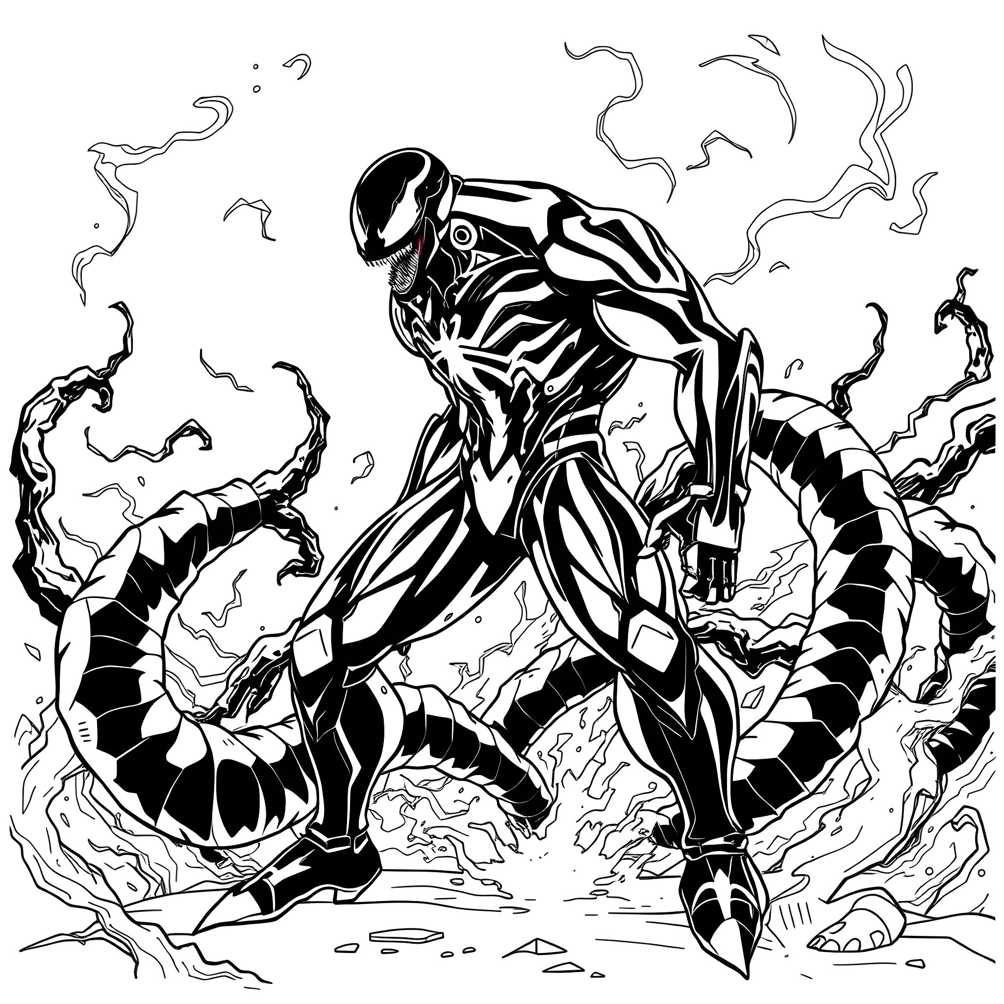 Iron Venom's Sinister Surge Coloring Page (free black-and-white line drawing printable PDF for all, from beginners to advanced learners, including children, teens, adults, and seniors)
