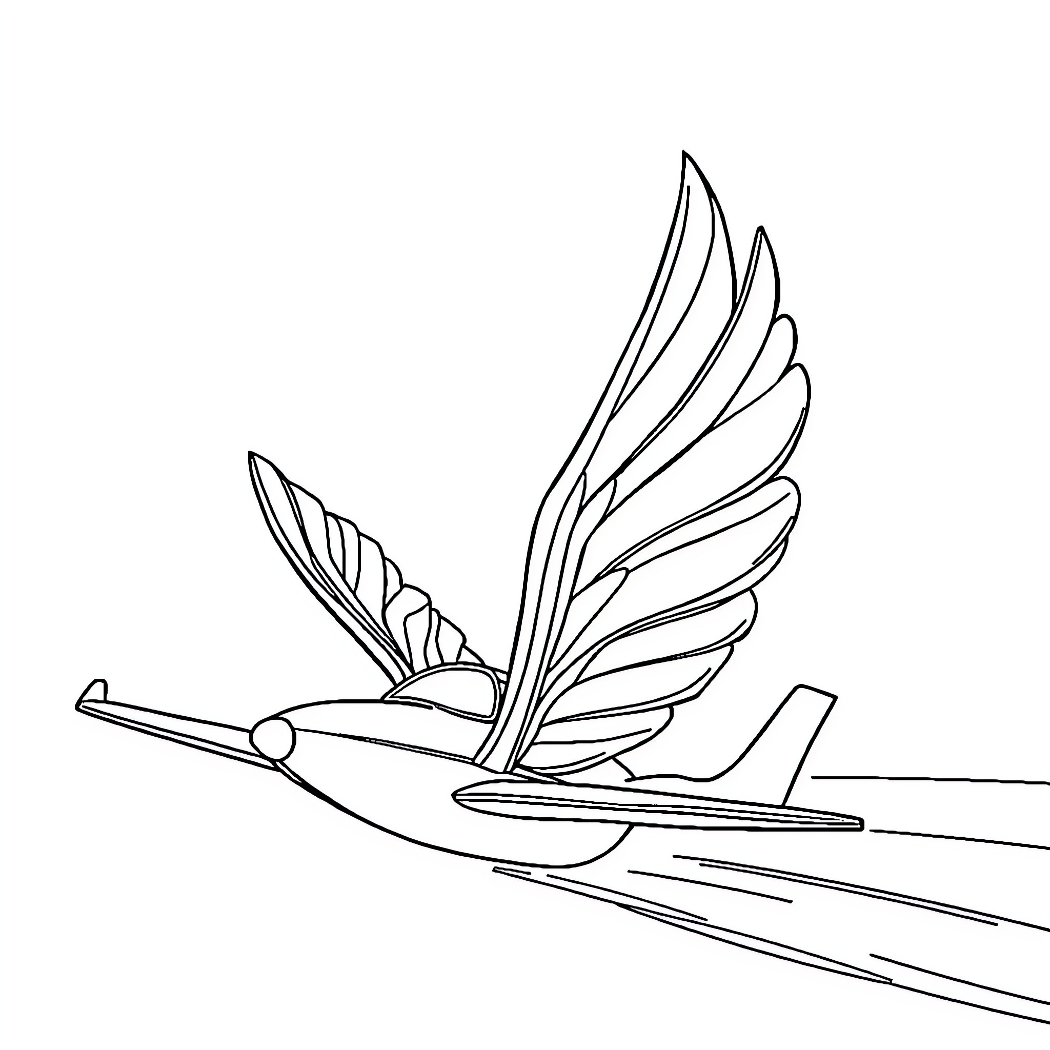 Car with wings soaring through the sky Coloring Page (free black-and-white line drawing printable PDF for all, from beginners to advanced learners, including children, teens, adults, and seniors)