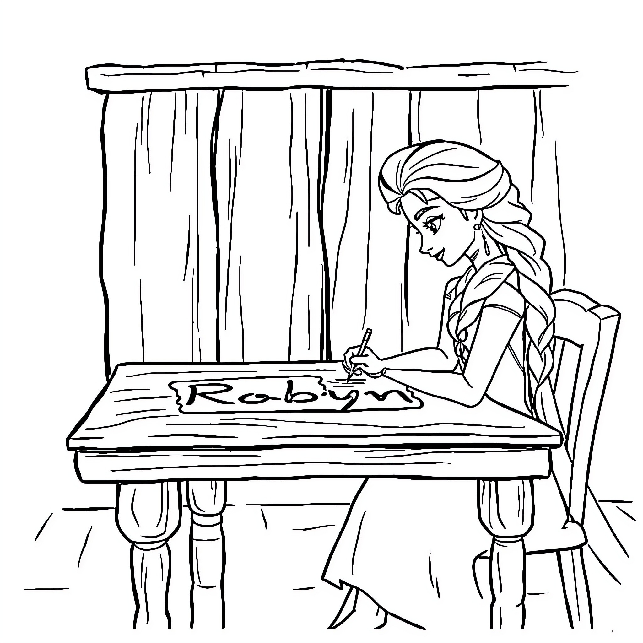Elsa writing at a desk in a room Coloring Page (free black-and-white line drawing printable PDF for all, from beginners to advanced learners, including children, teens, adults, and seniors)