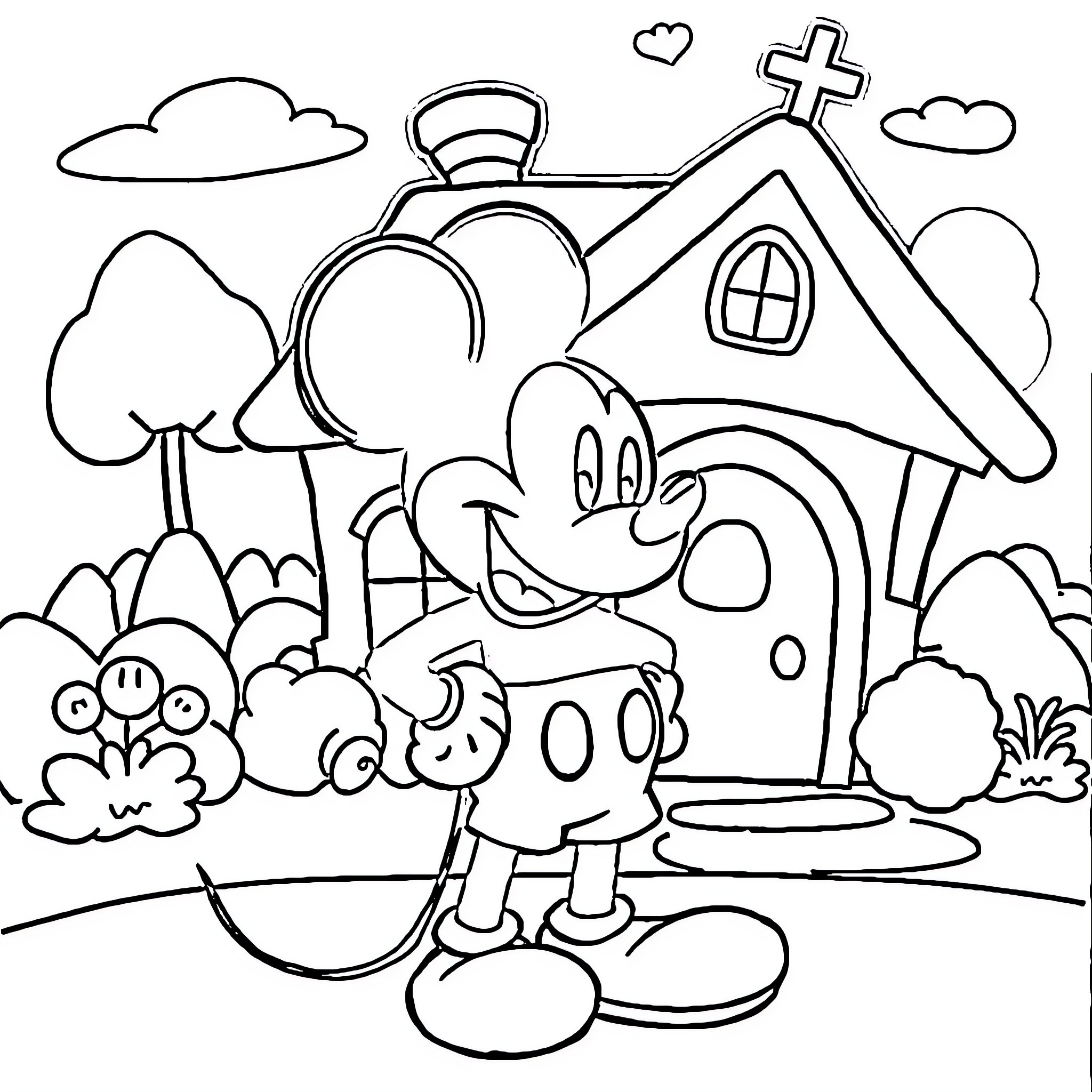 Mickey Mouse at a Whimsical Church in the Countryside Coloring Page (free black-and-white line drawing printable PDF for all, from beginners to advanced learners, including children, teens, adults, and seniors)