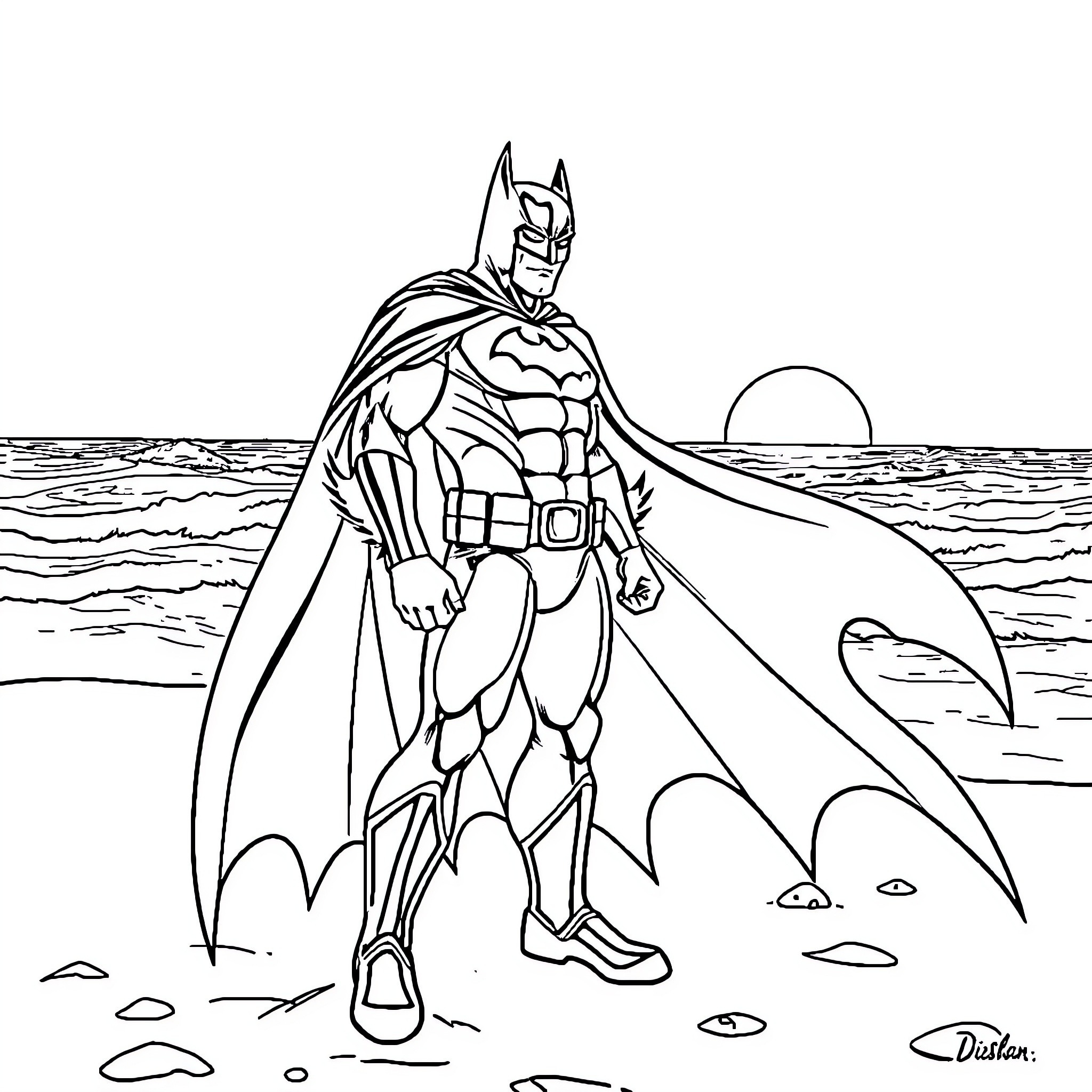 Batman overlooking the ocean at sunset Coloring Page (free black-and-white line drawing printable PDF for all, from beginners to advanced learners, including children, teens, adults, and seniors)