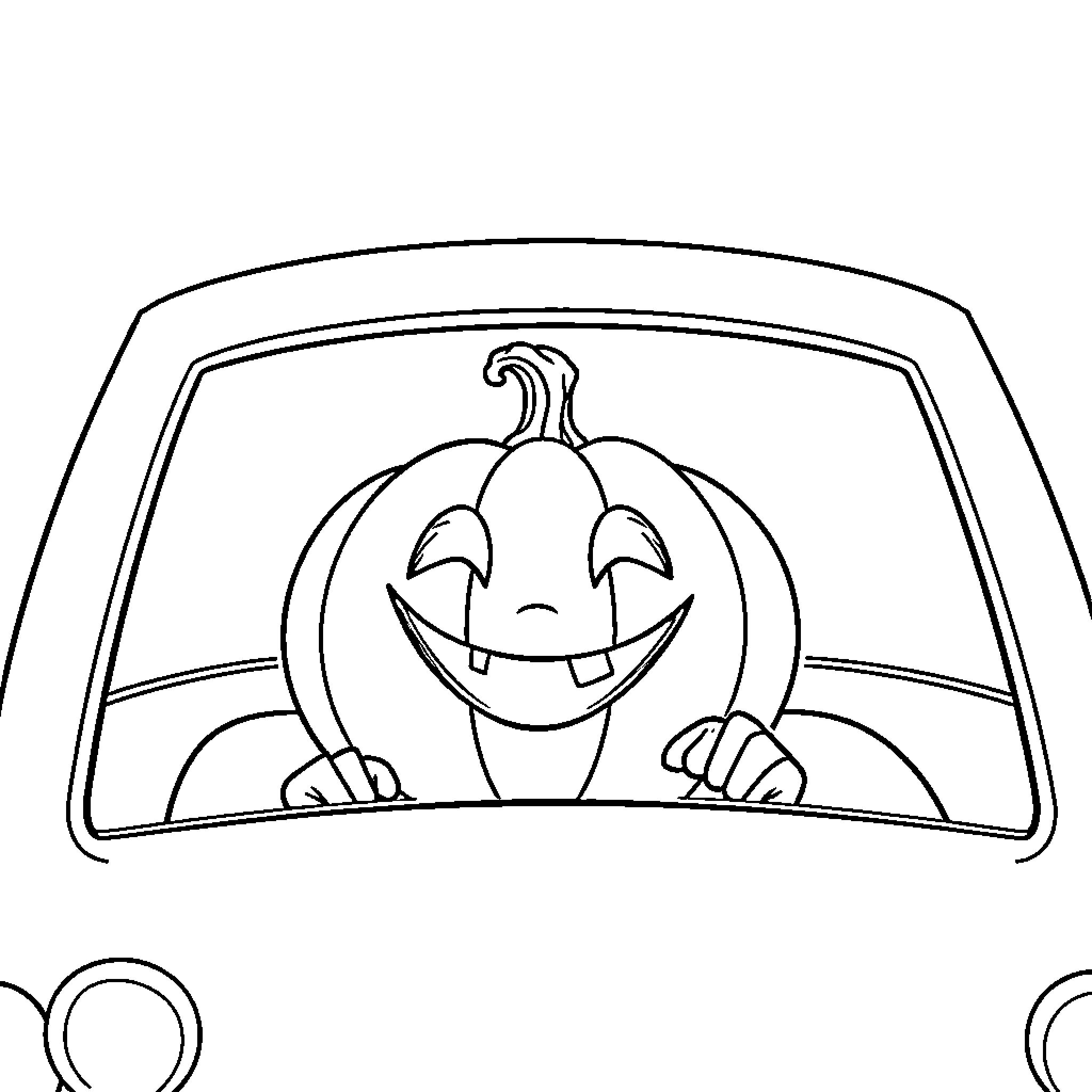 Pumpkin driving a happy car Coloring Page (free black-and-white line drawing printable PDF for all, from beginners to advanced learners, including children, teens, adults, and seniors)