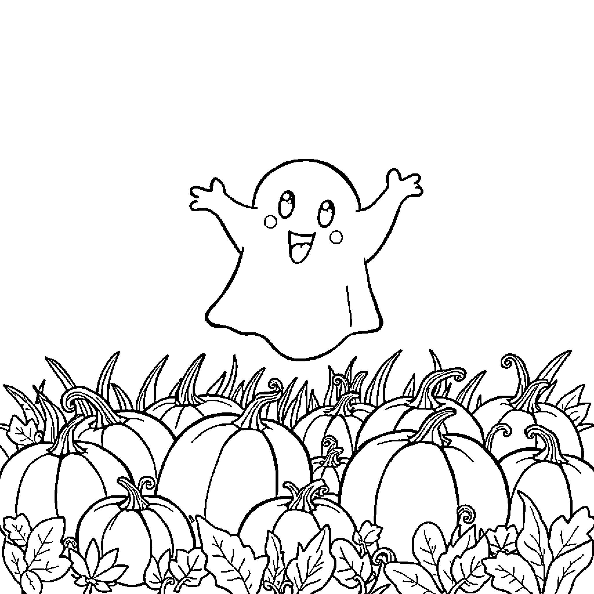 Ghost Peeking from Pumpkin Patch Coloring Page (free black-and-white line drawing printable PDF for all, from beginners to advanced learners, including children, teens, adults, and seniors)
