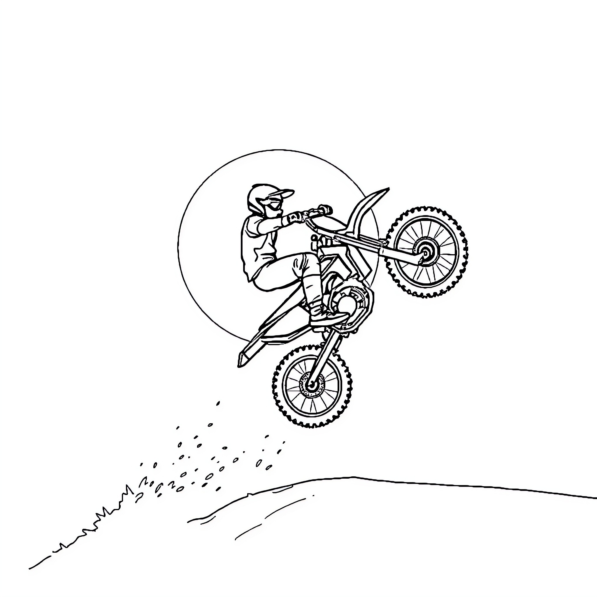 Homme performing extreme motocross stunt Coloring Page (free black-and-white line drawing printable PDF for all, from beginners to advanced learners, including children, teens, adults, and seniors)