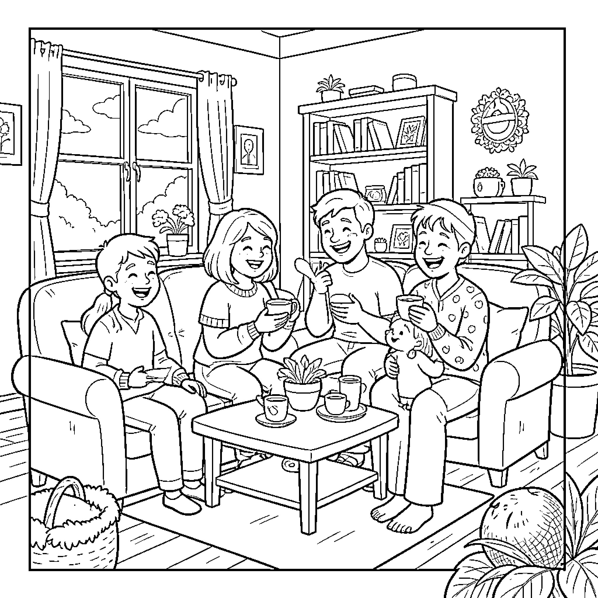 Family enjoying quality time together at home Coloring Page (free black-and-white line drawing printable PDF for all, from beginners to advanced learners, including children, teens, adults, and seniors)