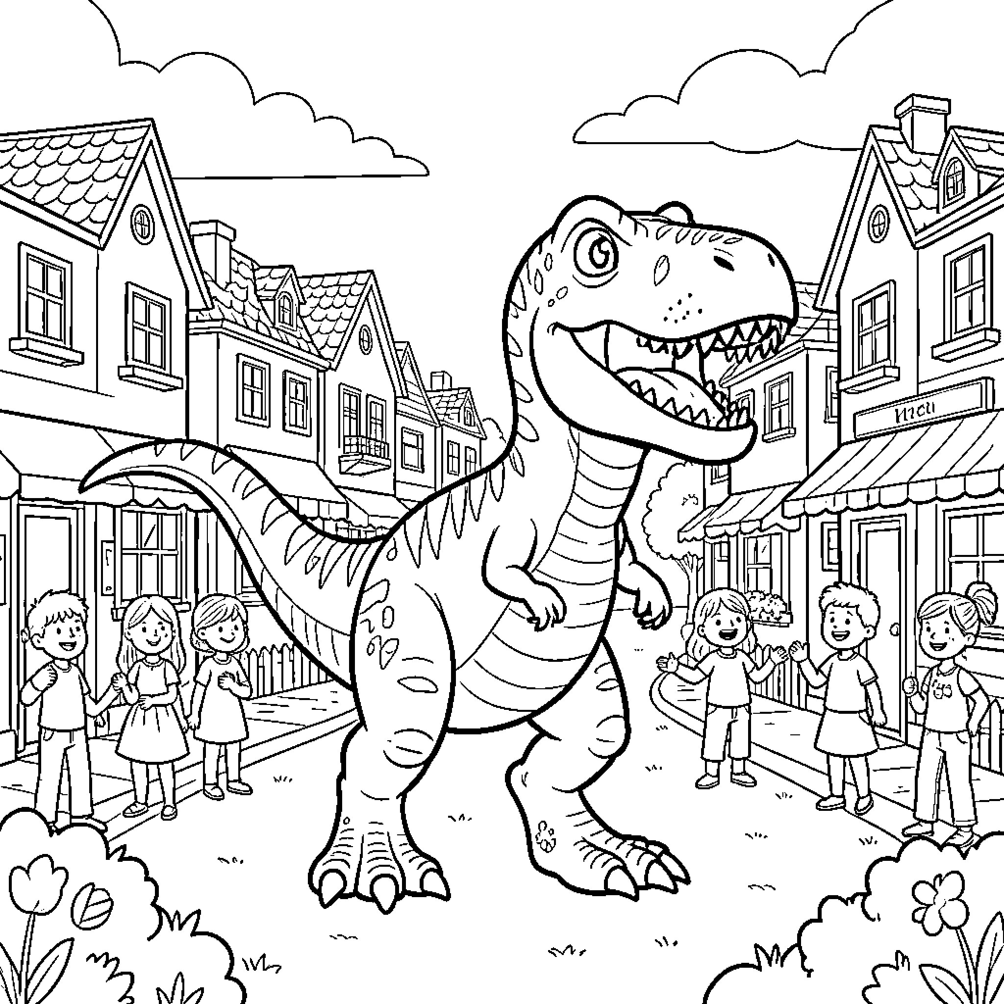 T-Rex Roaming Through a Lively Town Coloring Page (free black-and-white line drawing printable PDF for all, from beginners to advanced learners, including children, teens, adults, and seniors)