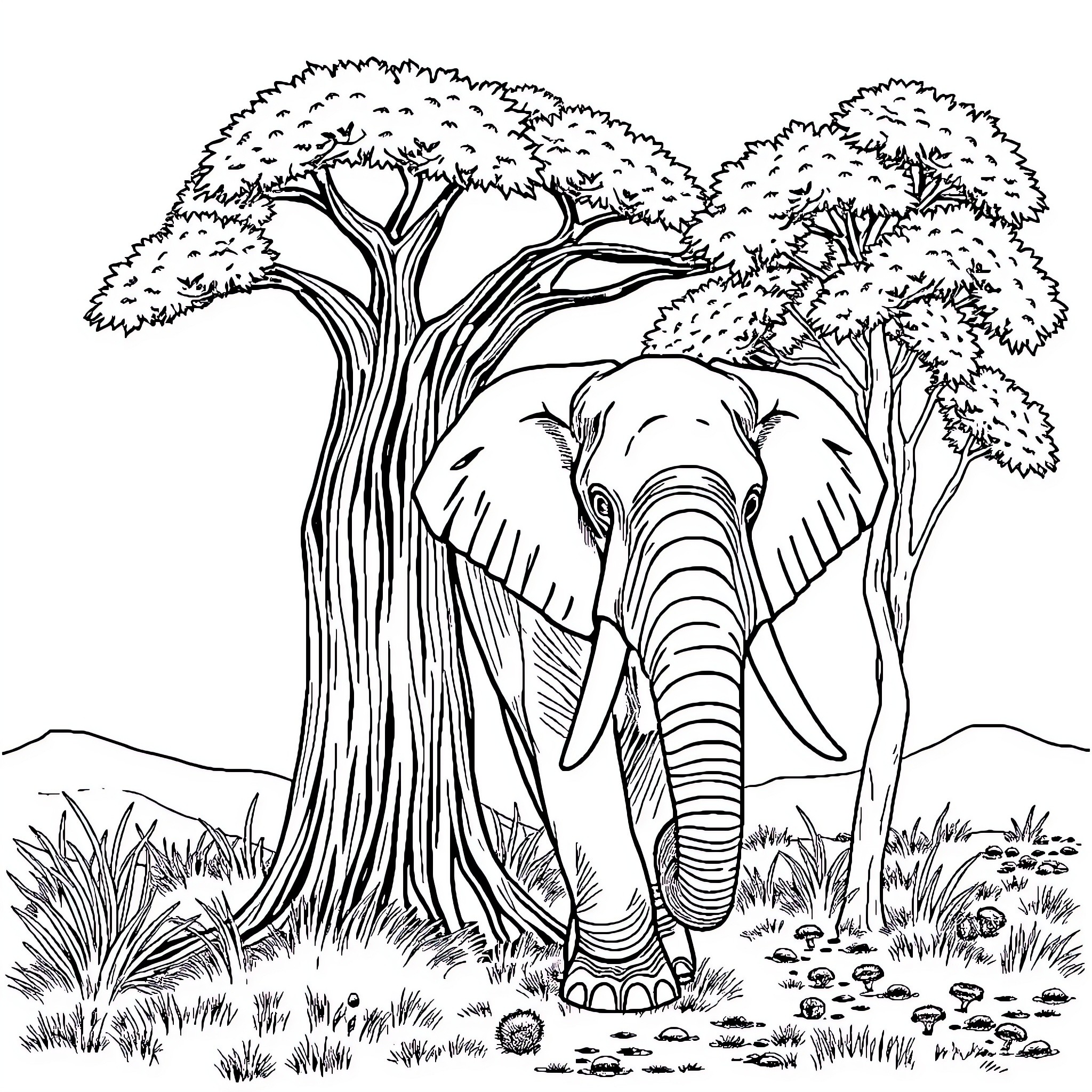 Elephant exploring the lush African landscape Coloring Page (free black-and-white line drawing printable PDF for all, from beginners to advanced learners, including children, teens, adults, and seniors)