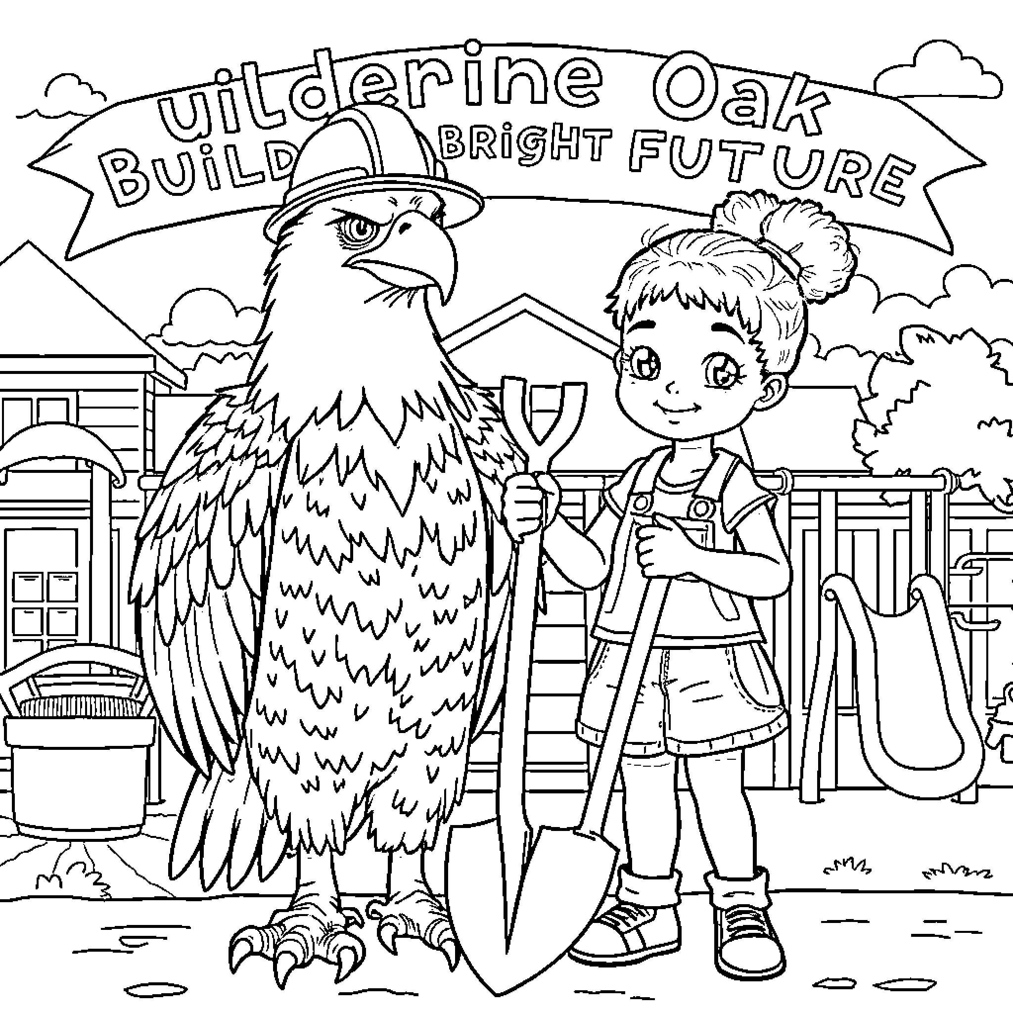 Eagle and child in bright future Coloring Page (free black-and-white line drawing printable PDF for all, from beginners to advanced learners, including children, teens, adults, and seniors)