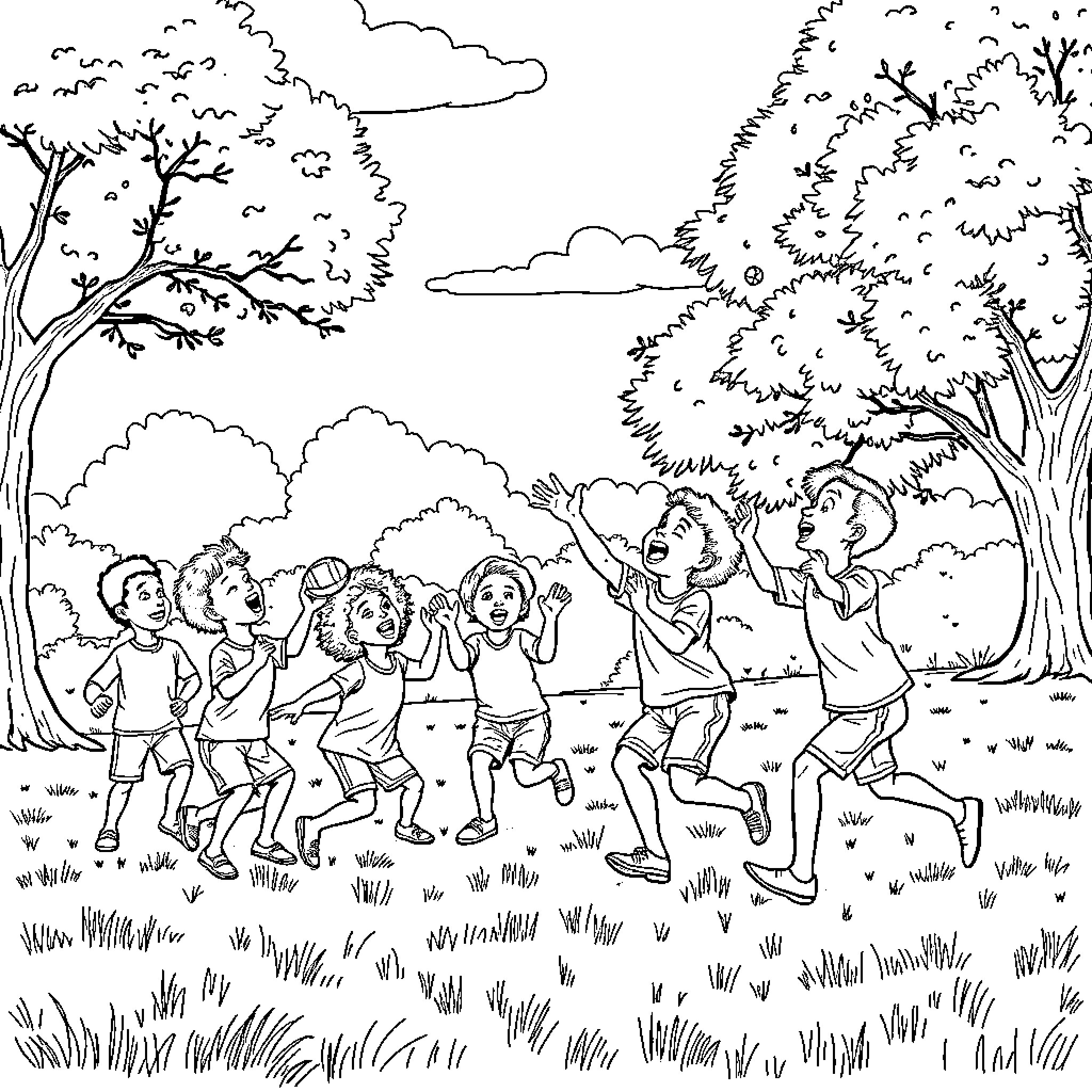 Kids playing joyfully in the park Coloring Page (free black-and-white line drawing printable PDF for all, from beginners to advanced learners, including children, teens, adults, and seniors)