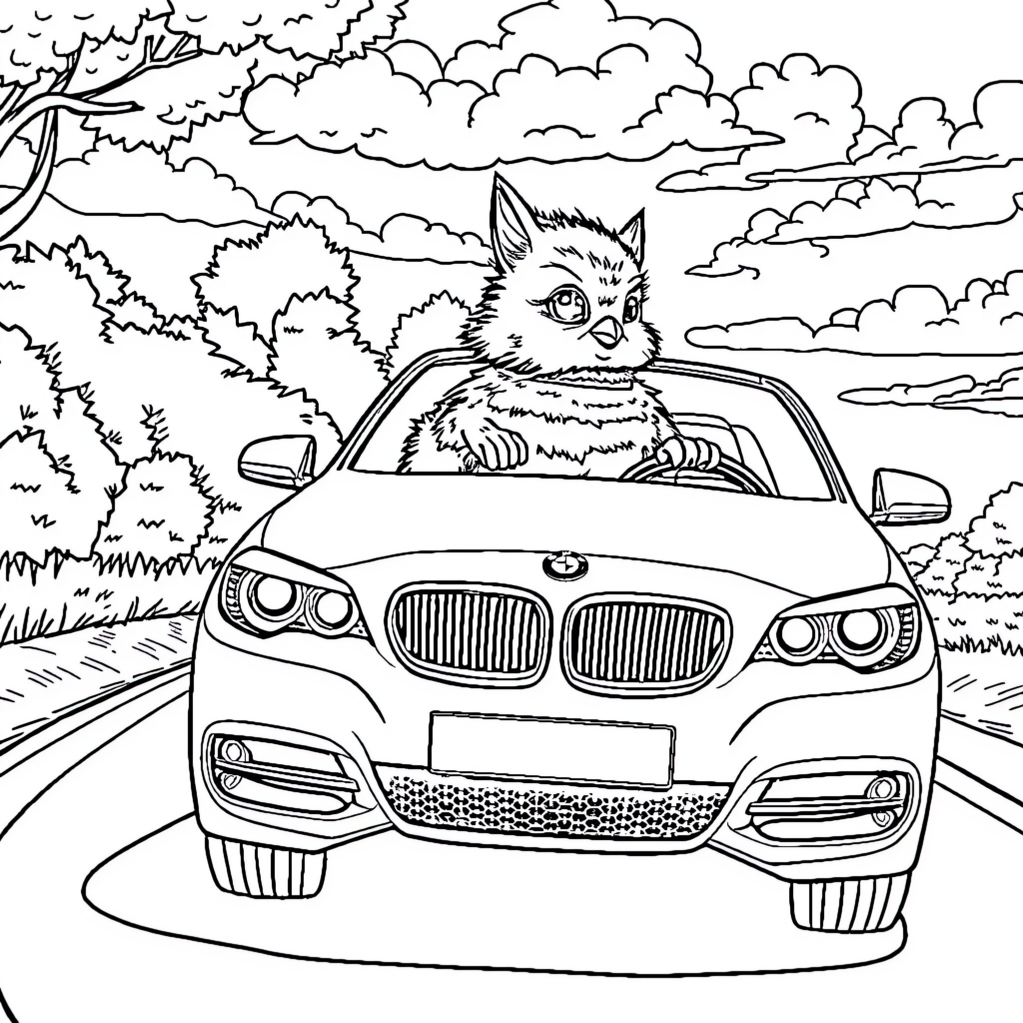 Squirrel driving a luxury car on the road Coloring Page (free black-and-white line drawing printable PDF for all, from beginners to advanced learners, including children, teens, adults, and seniors)