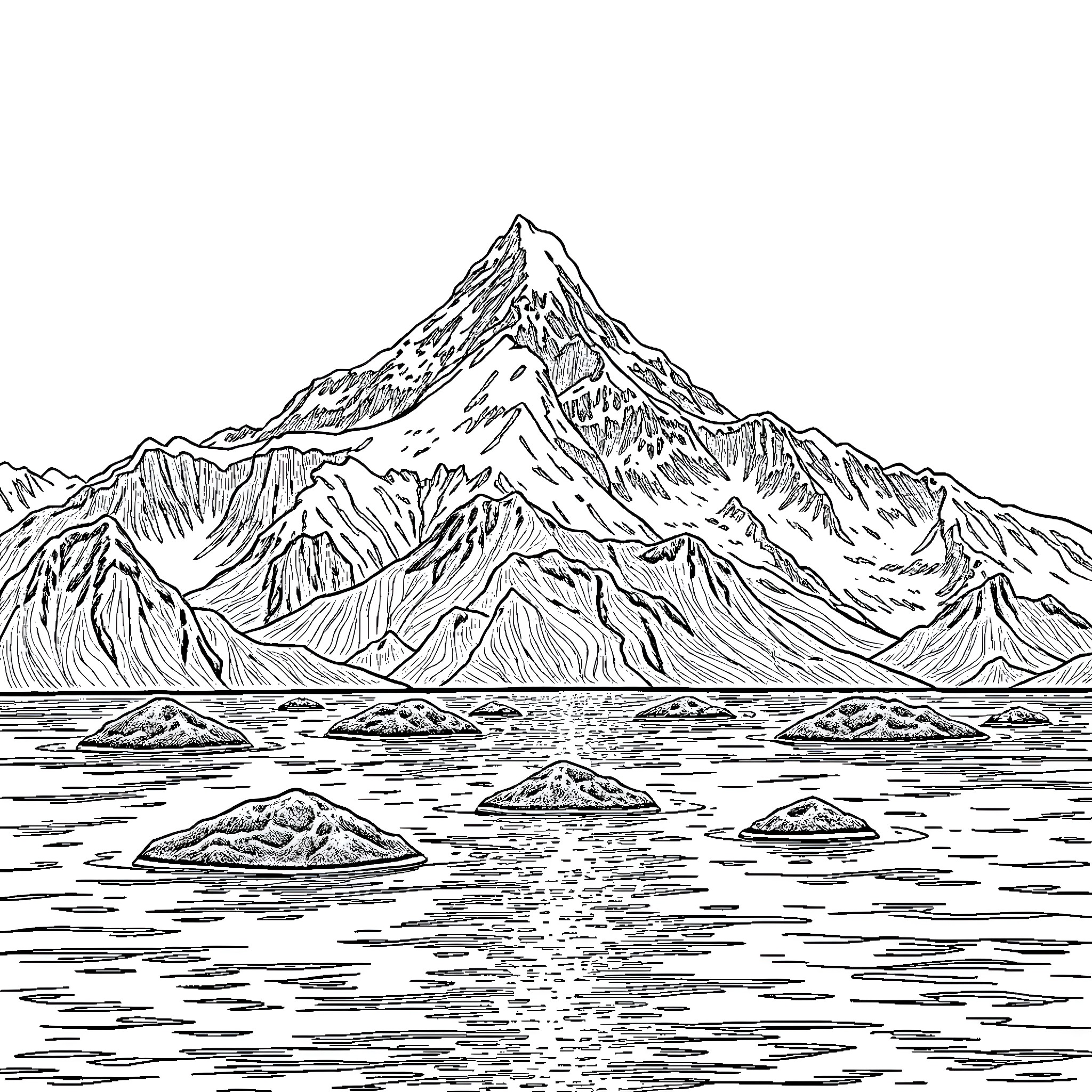 Mountain landscape with rocky peaks and calm waters Coloring Page (free black-and-white line drawing printable PDF for all, from beginners to advanced learners, including children, teens, adults, and seniors)