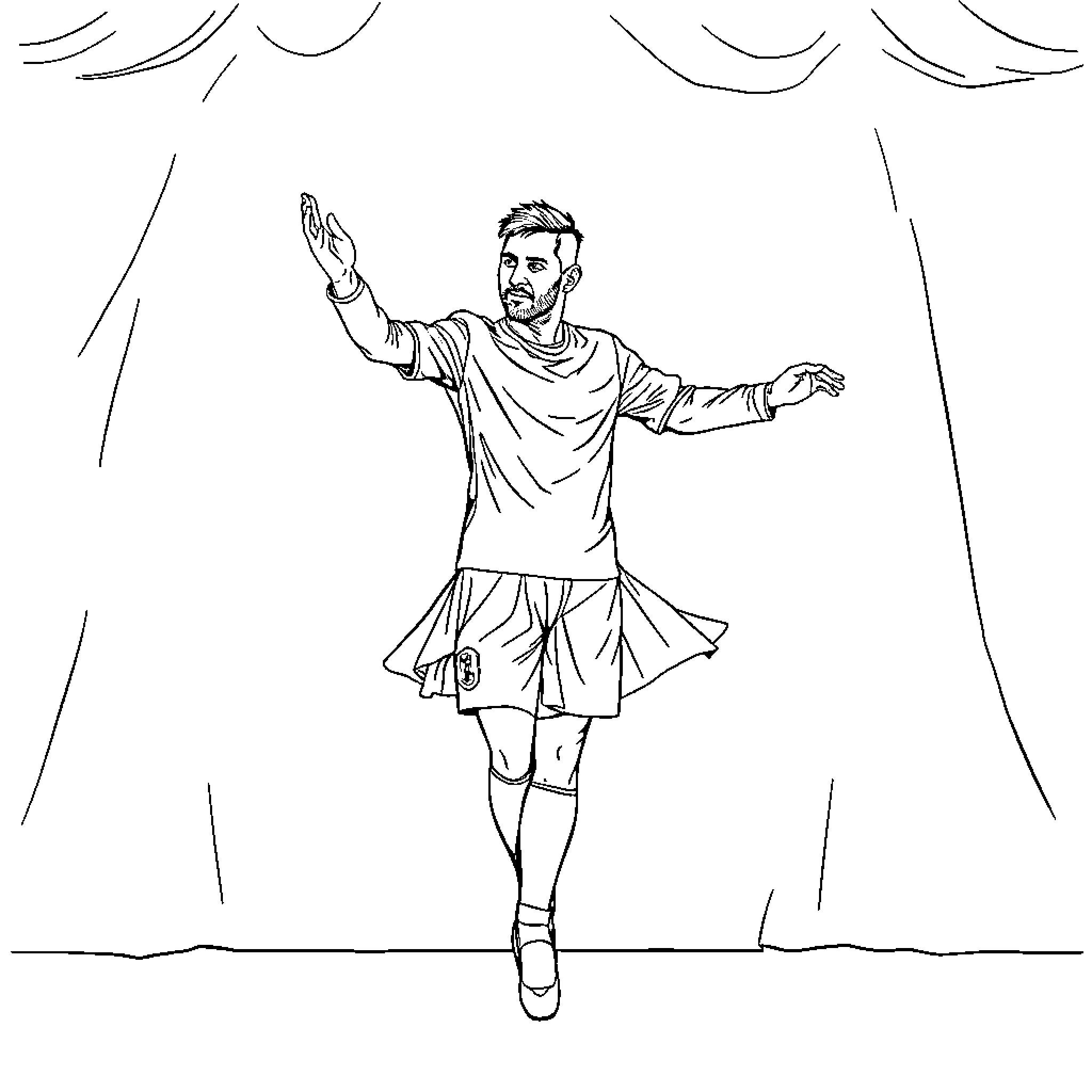 Lionel Messi performing on stage Coloring Page (free black-and-white line drawing printable PDF for all, from beginners to advanced learners, including children, teens, adults, and seniors)