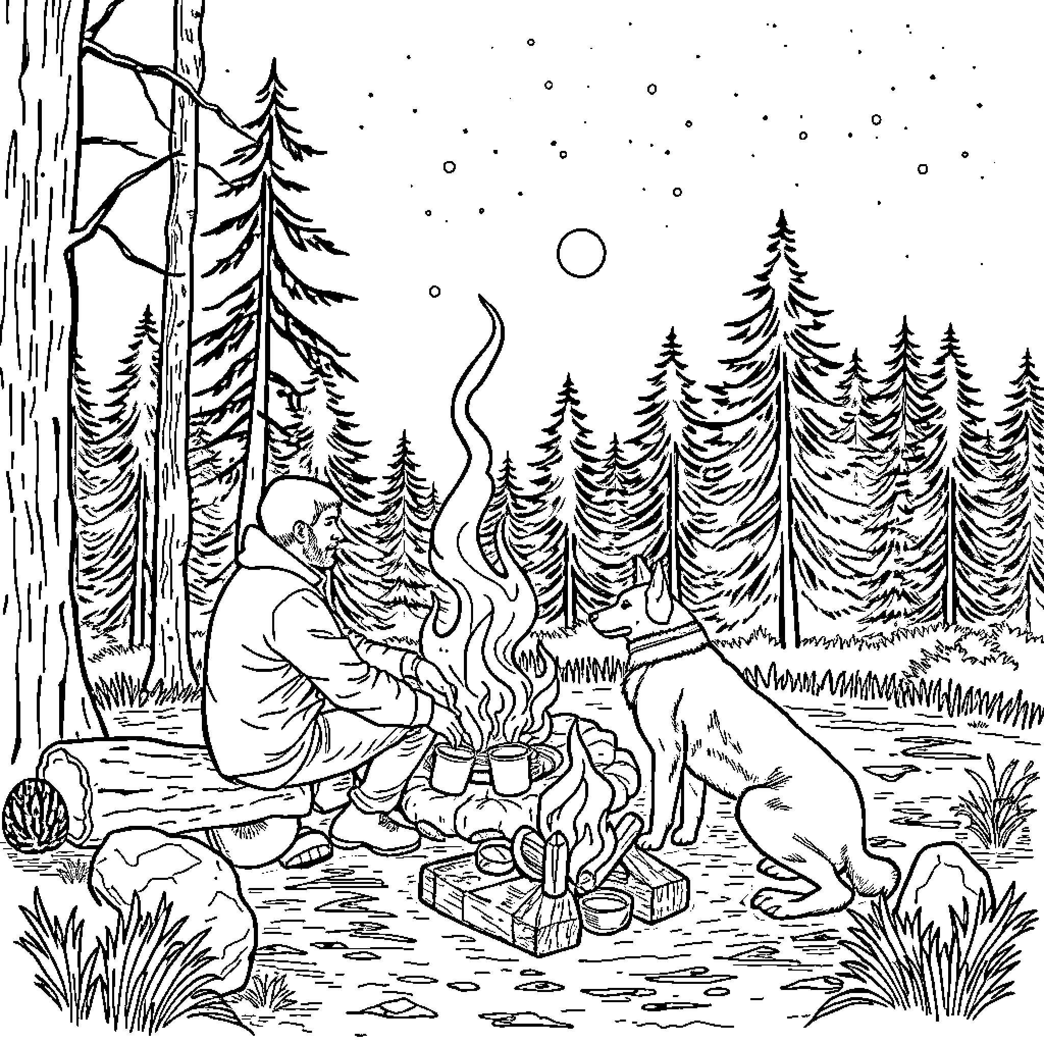 Man Camping by the Campfire in the Snowy Forest Coloring Page (free black-and-white line drawing printable PDF for all, from beginners to advanced learners, including children, teens, adults, and seniors)
